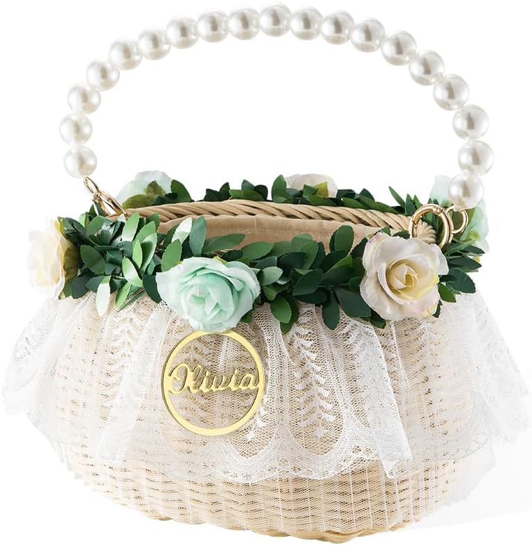 Personalized Wedding Flower Girl Basket with Pearl Handle