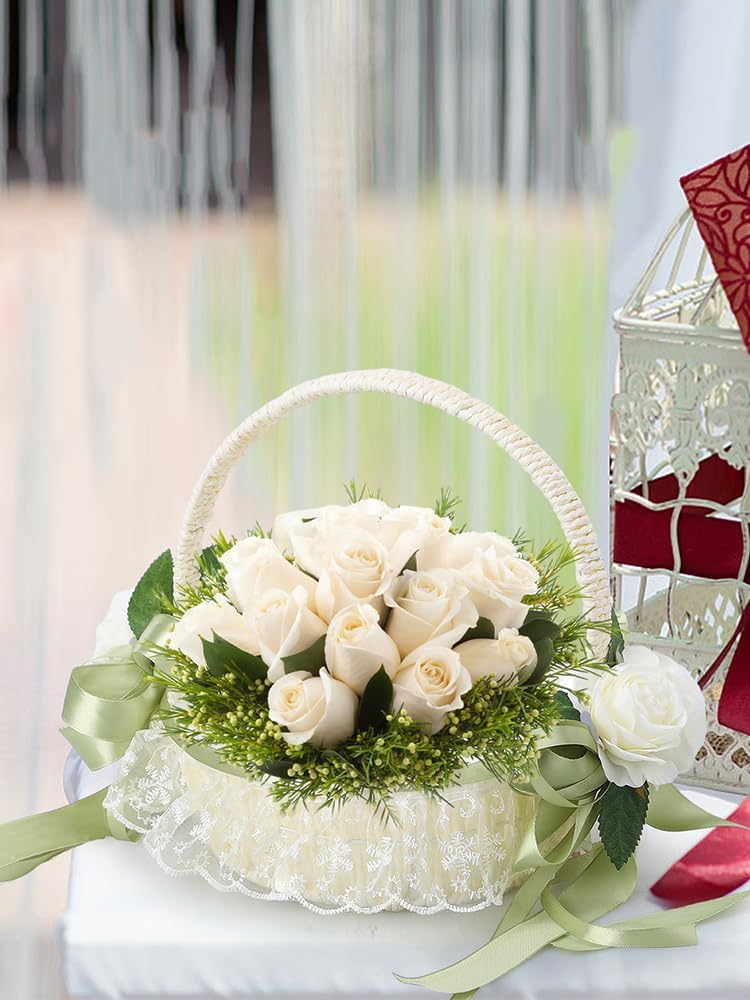 Wedding Flower Girl Basket with Lace and Green Bow