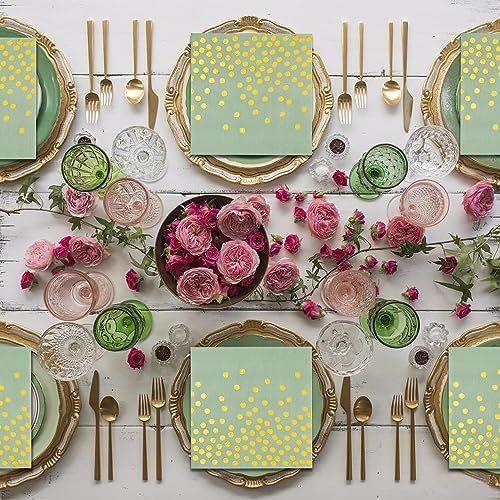 100 Pcs Sage Green Napkins - 3 Ply Gold Dot Disposable Party Napkins