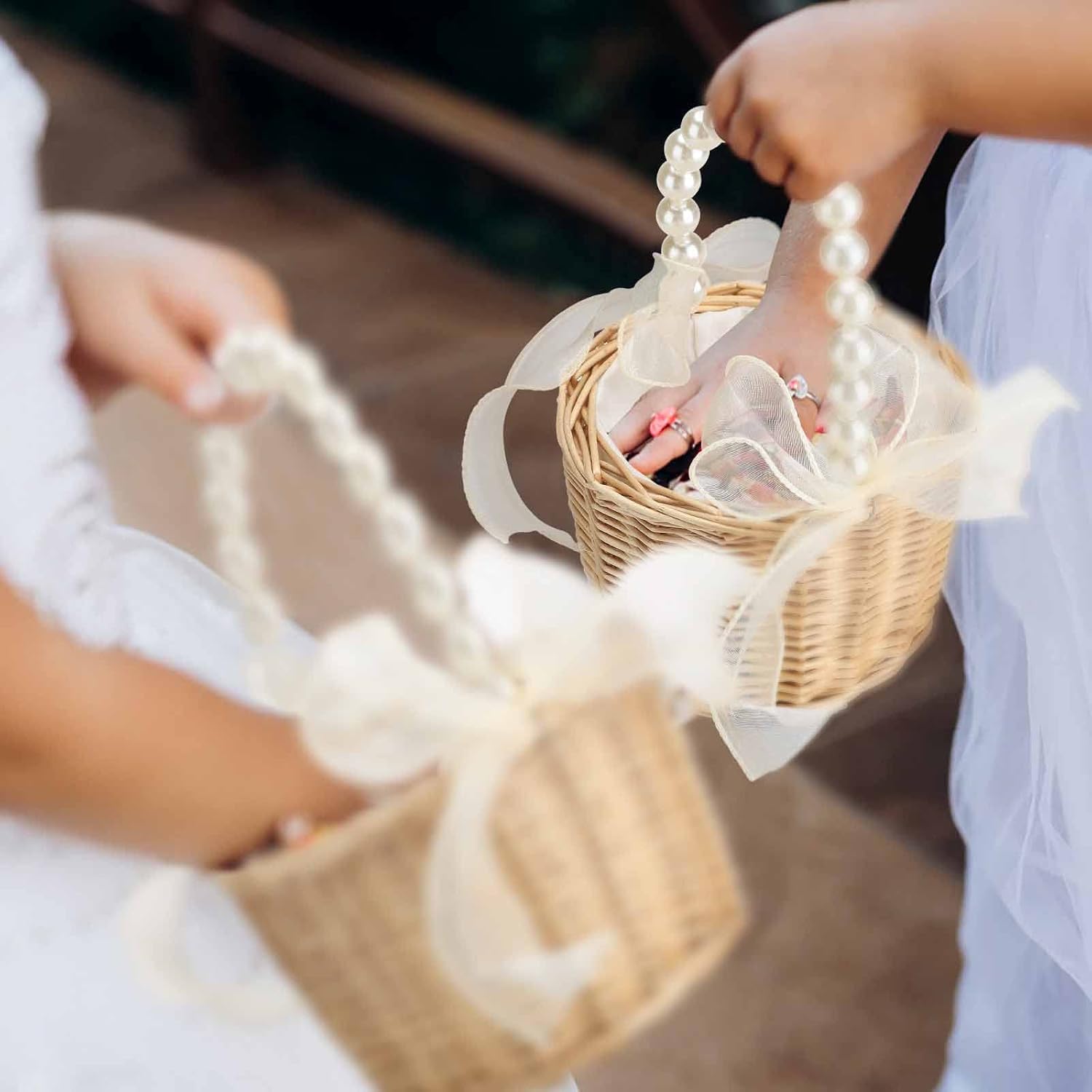 2PCS Wicker Rattan Flower Girl Basket with Pearl Handle