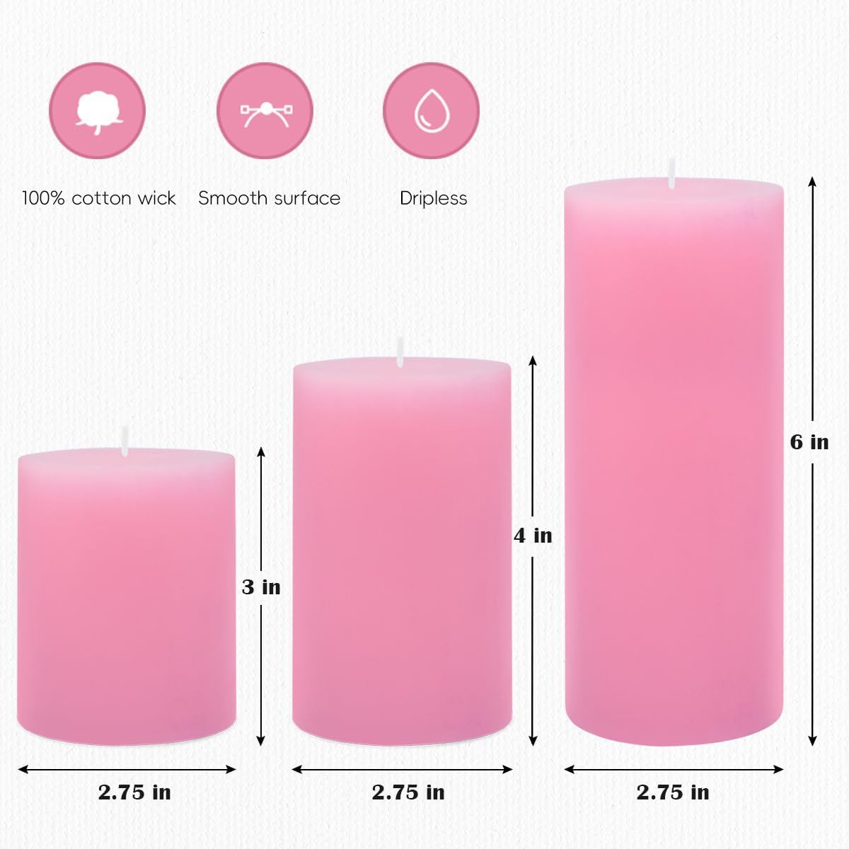 3 Packs Pink Pillar Candles in Different Sizes