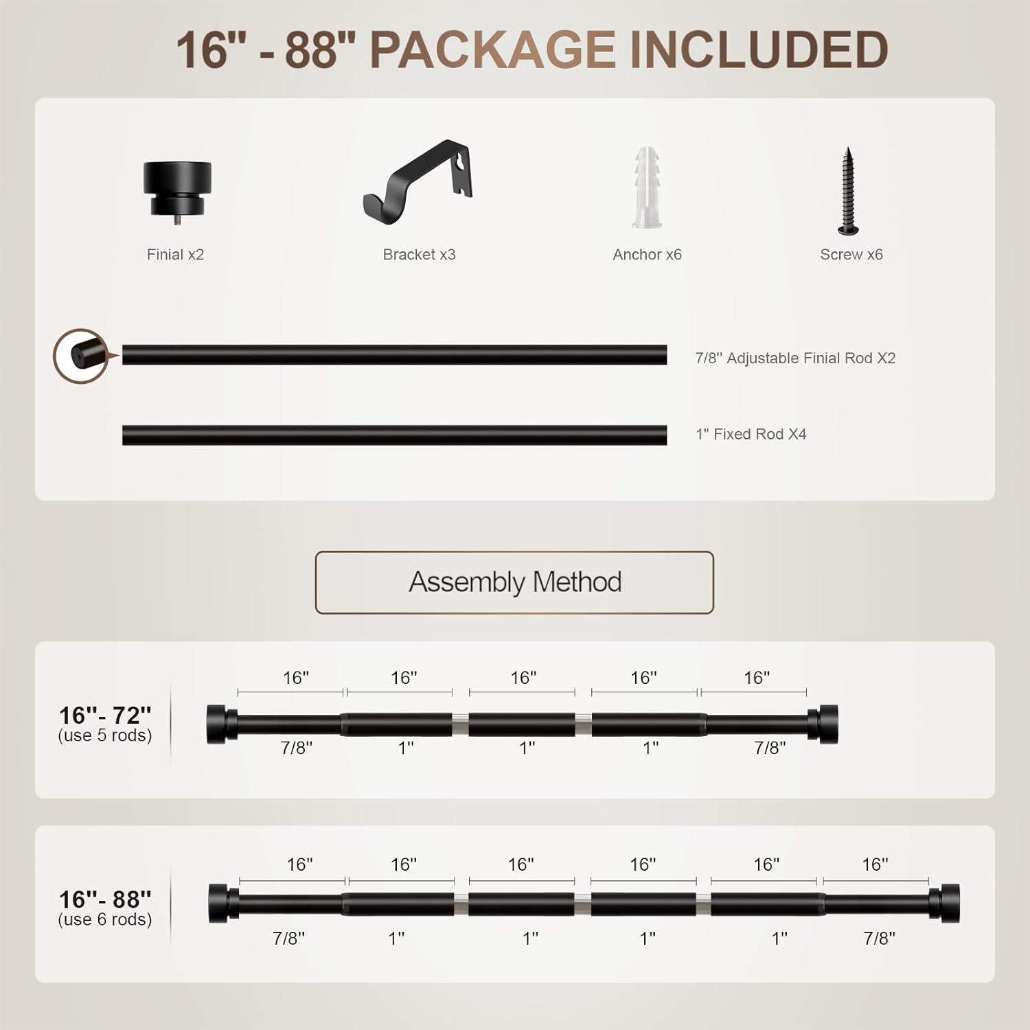 Modern Black Curtain Rods 48-84 Inch Adjustable Length