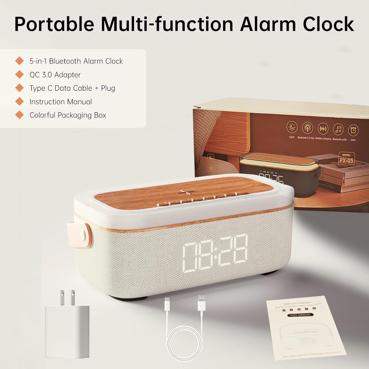 LOVME 5-in-1 Alarm Clock with Bluetooth Speaker and Wireless Charger