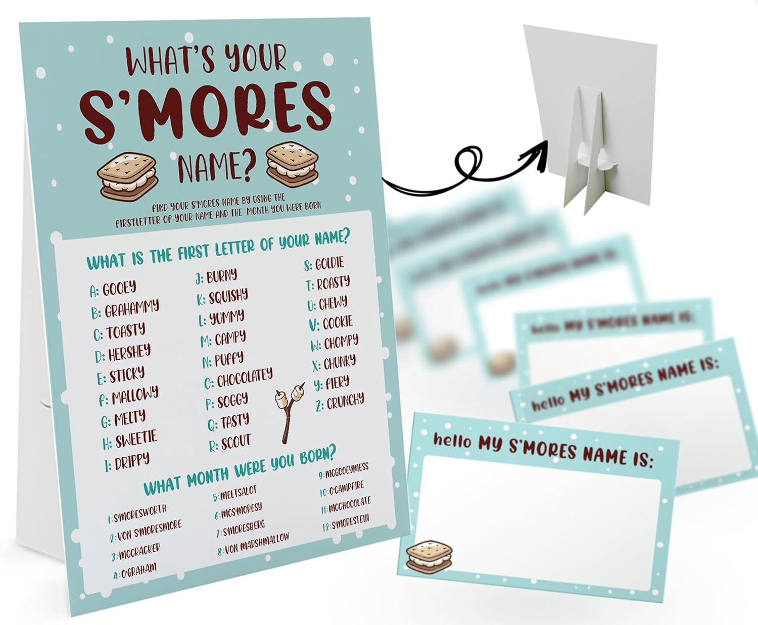 Whats Your Smores Name Game Sign and 30 Stickers