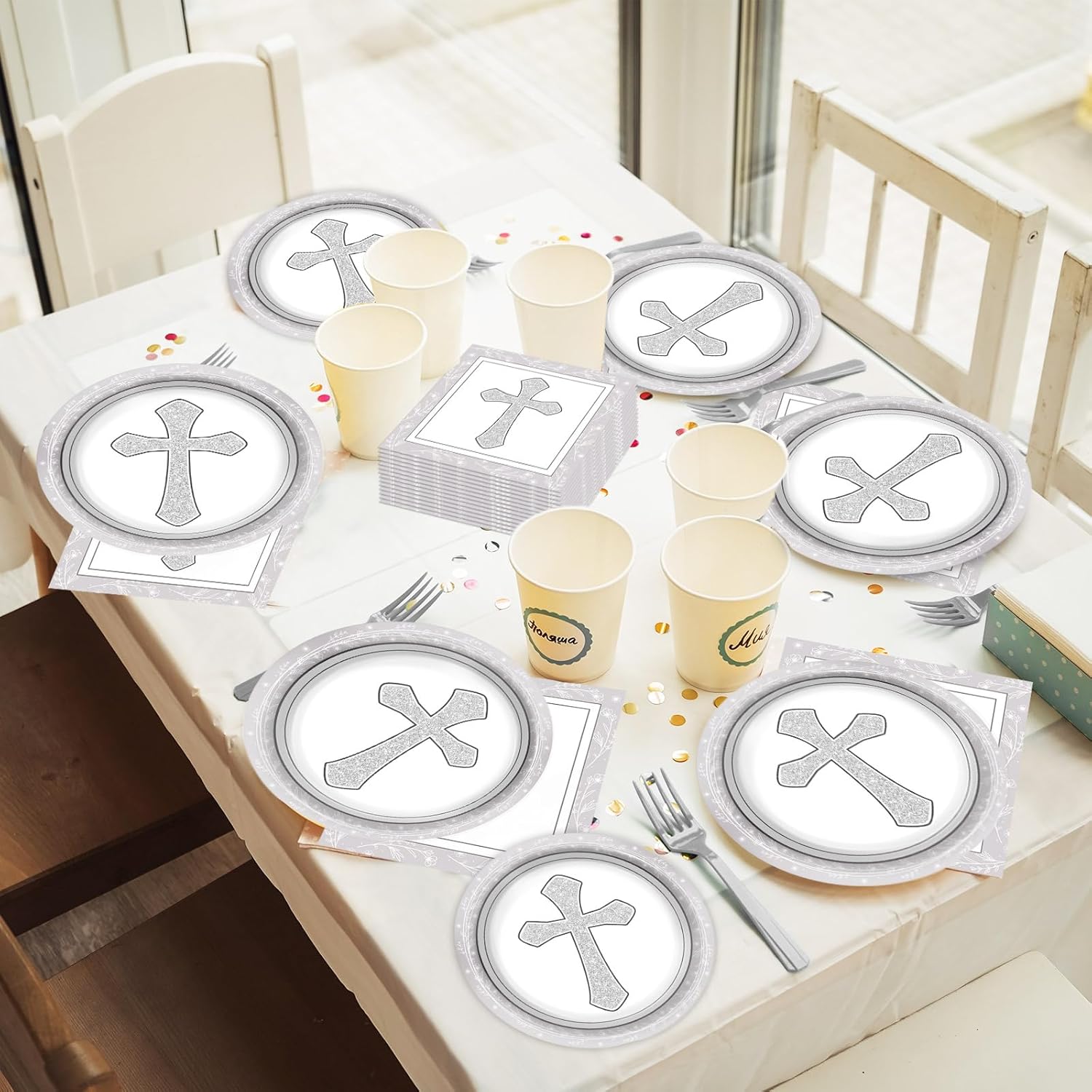 96Pcs Gray Cross Baptism Tableware Set for 24 Guests