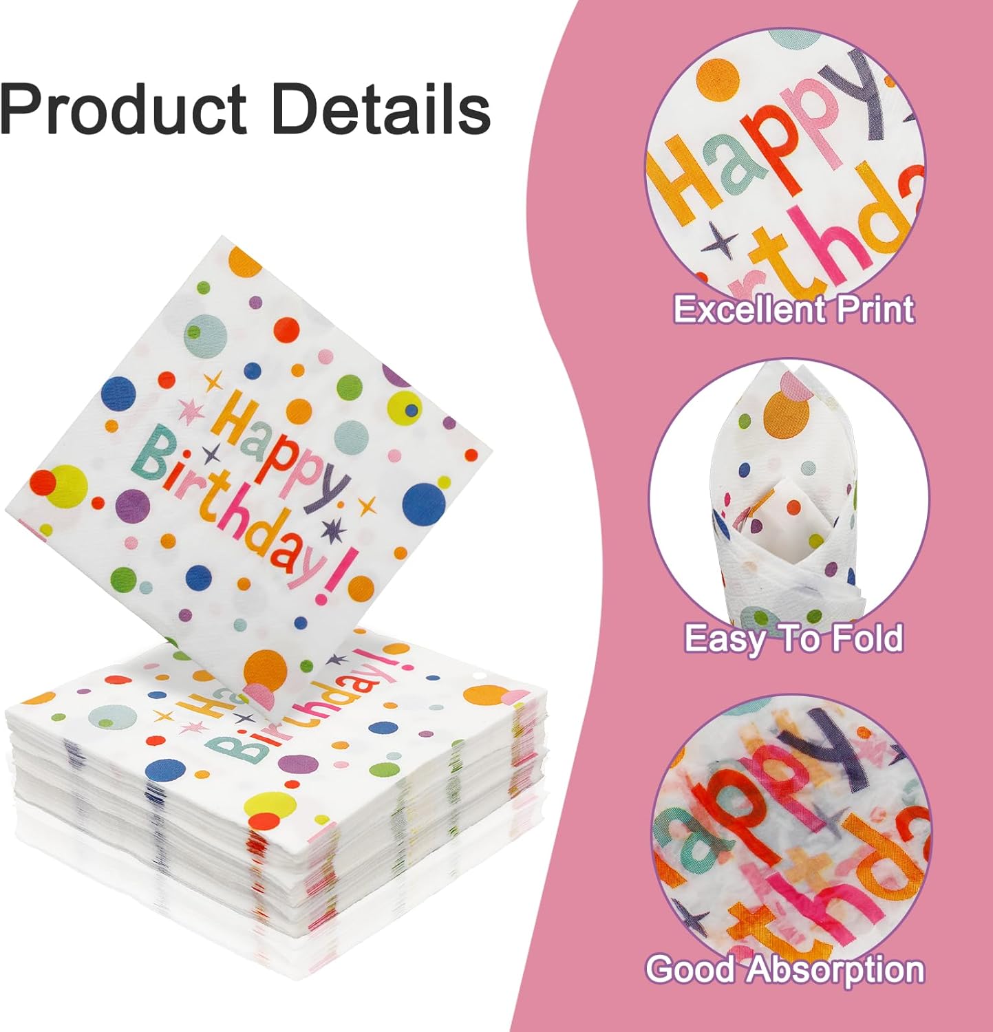60pcs Happy Birthday Napkins with Polka Dots