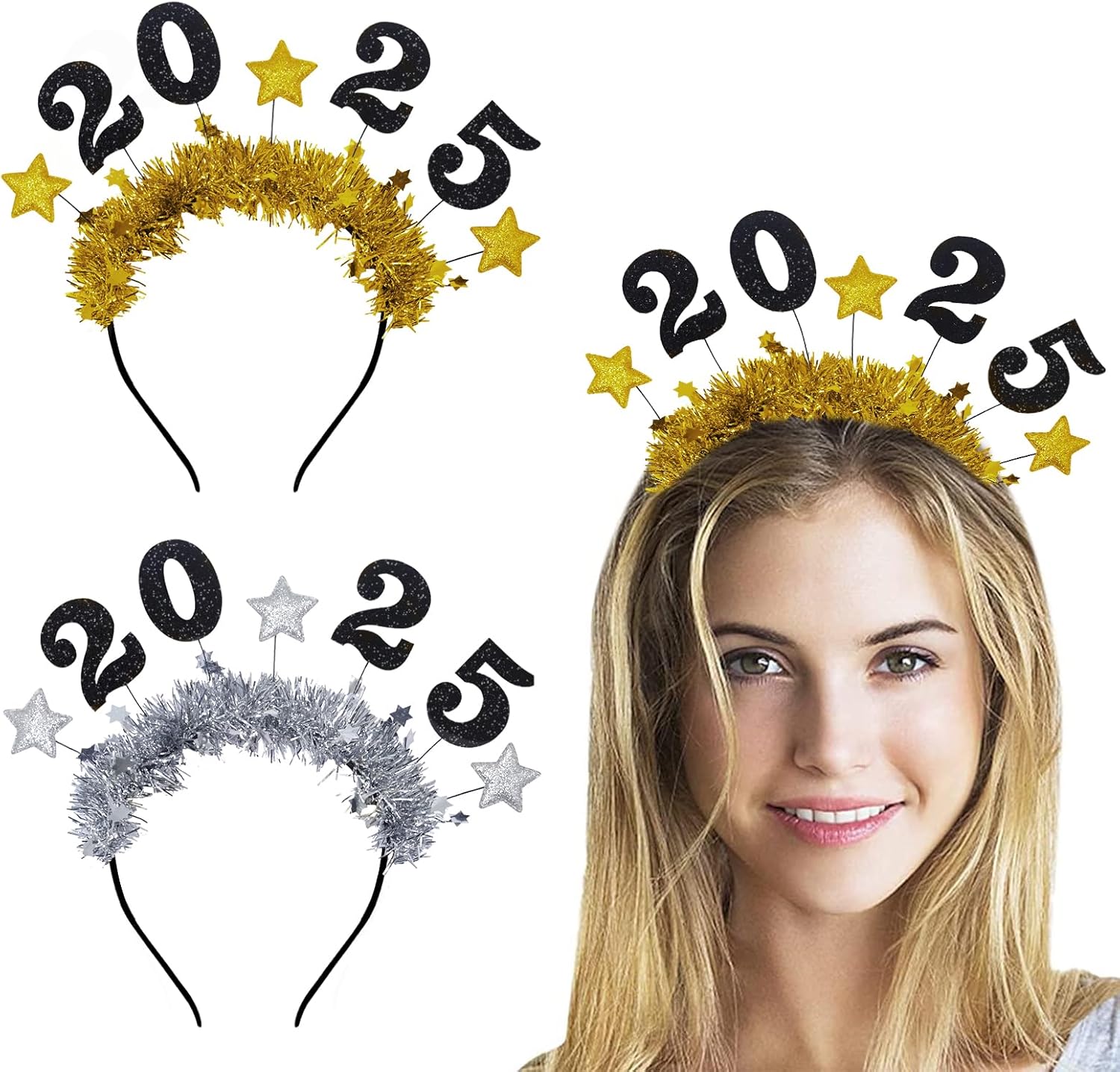 Threetols 2025 Happy New Year Star Headband Tiara for Women Men Kids