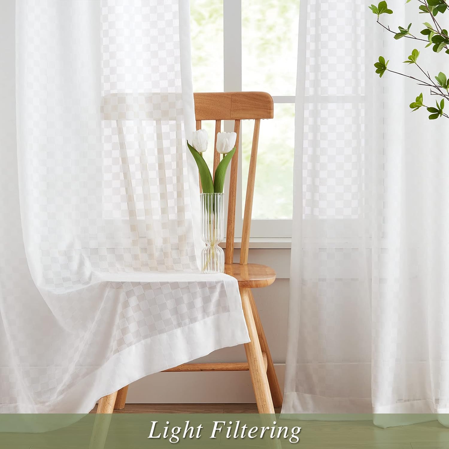 Melodieux Off White Gingham Sheer Curtains 54x54 Inch 2 Panels