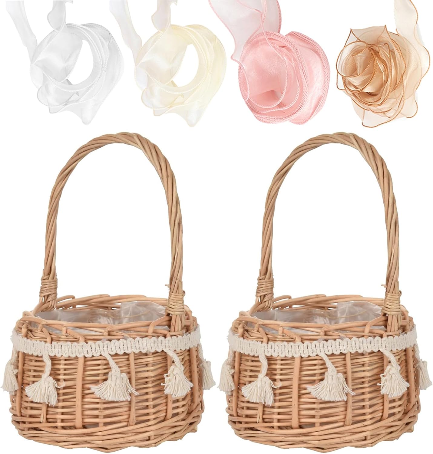 2 Pack Rattan Woven Floral Baskets with Handle and Lace