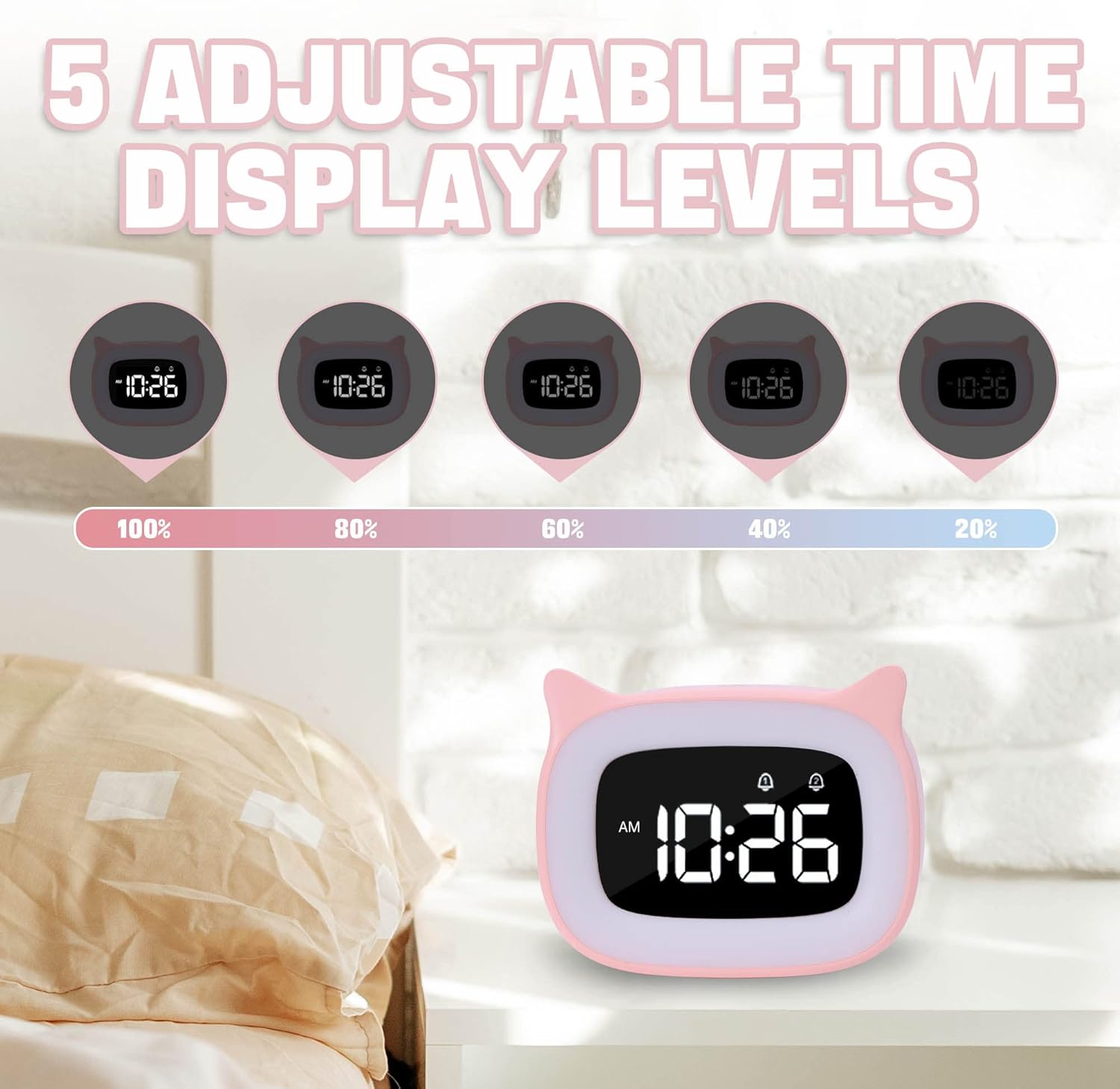 Pink Cat Alarm Clock with Night Light for Kids