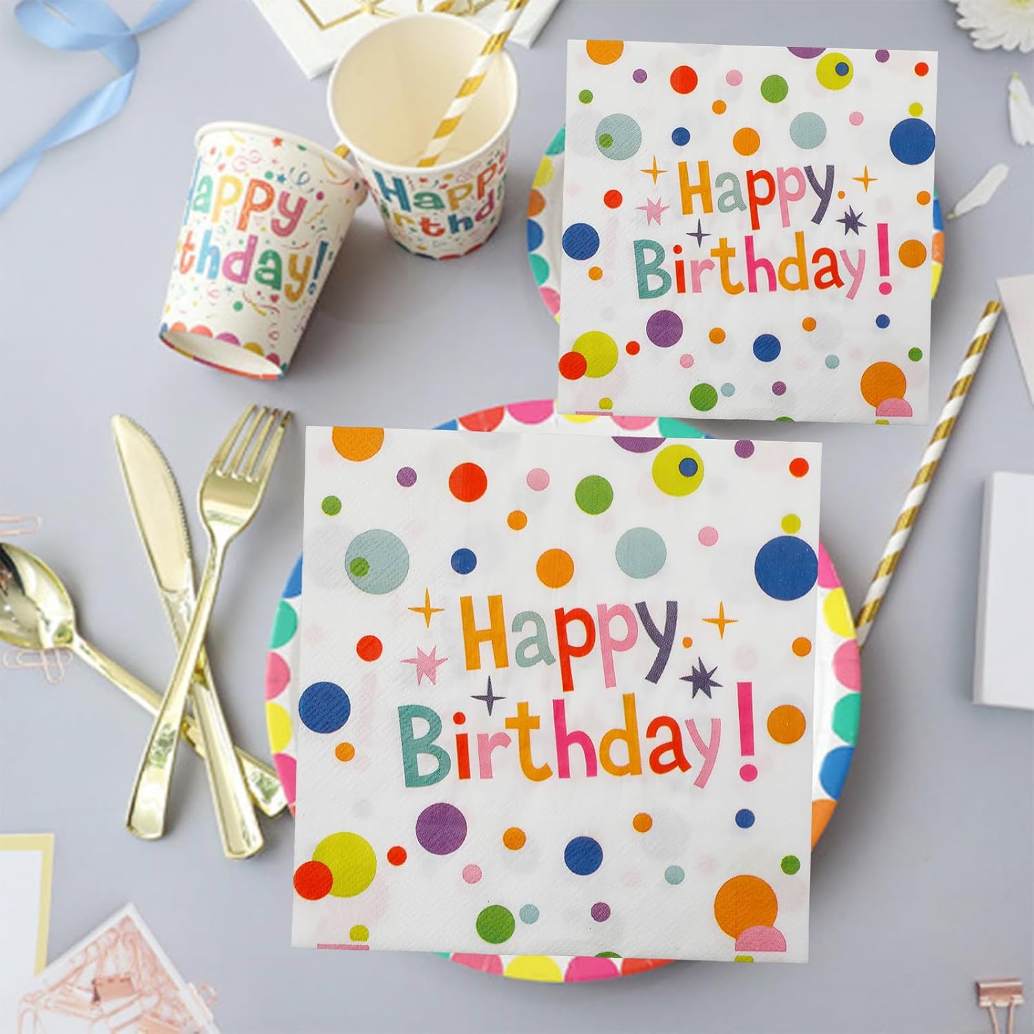60pcs Happy Birthday Napkins with Polka Dots