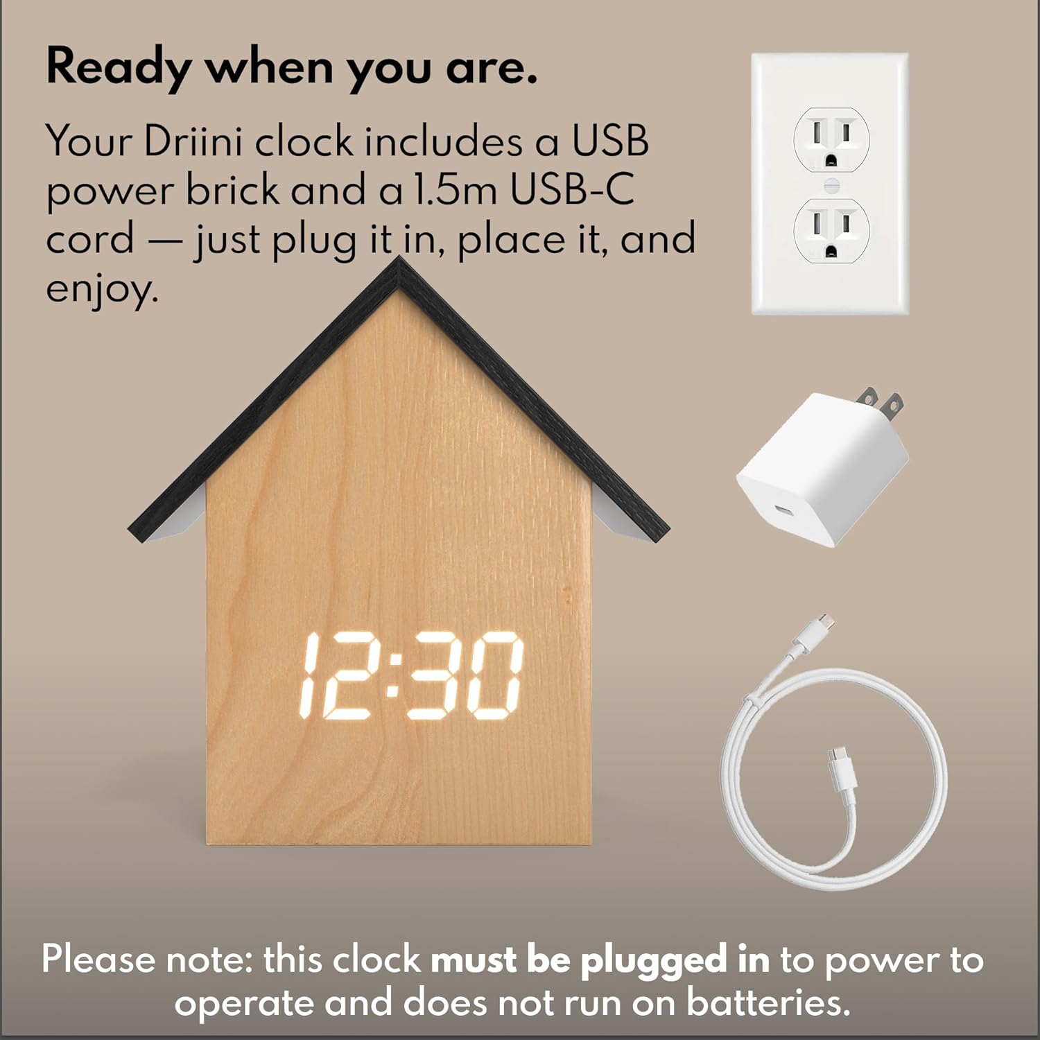 Driini Digital House Alarm Clock with Temperature Display - Light Wood Finish