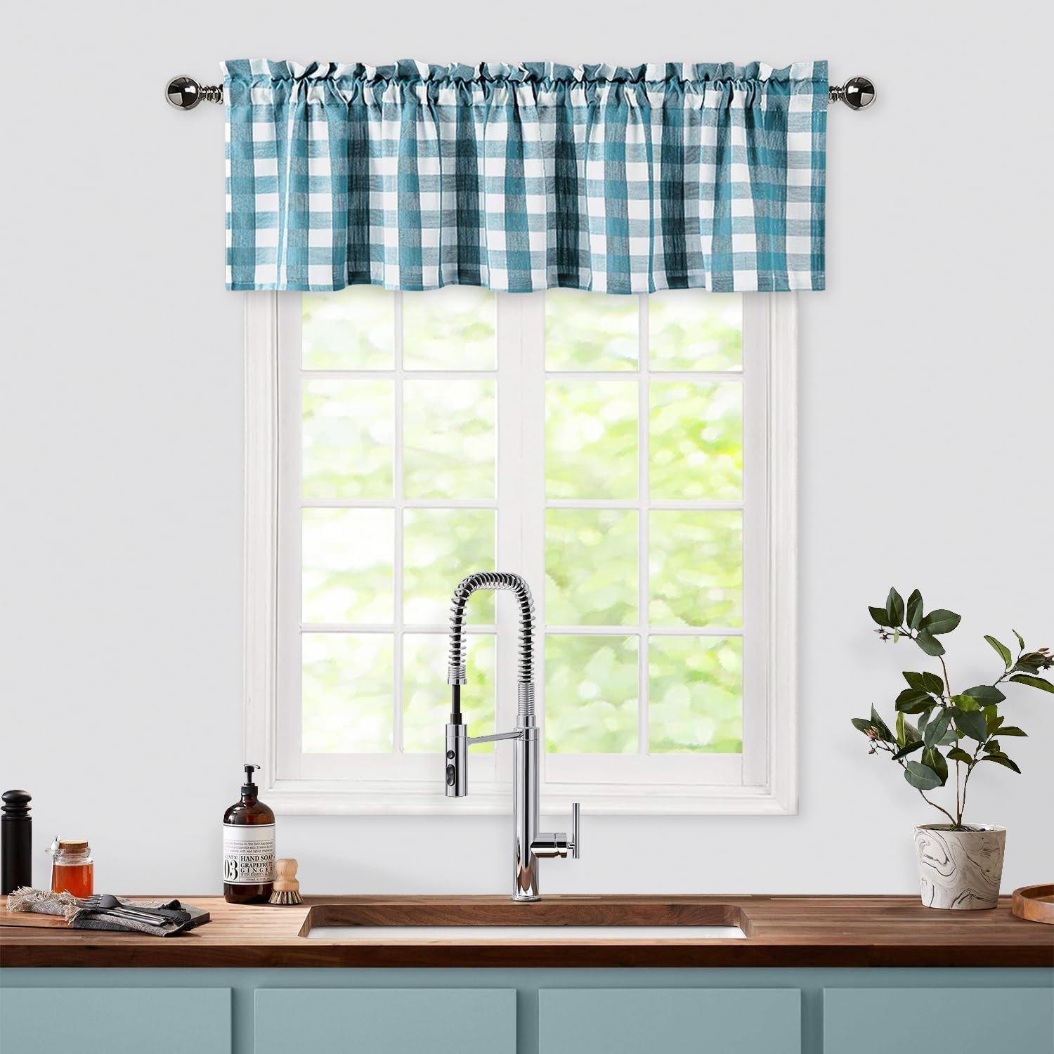 Teal Dark Blue Buffalo Check Valance Curtains 55x15