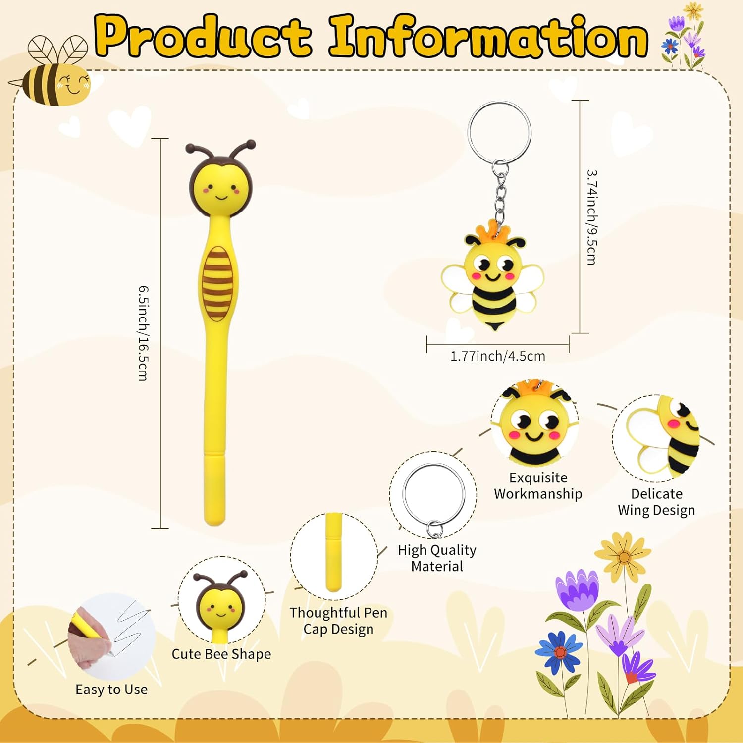 24 Piece Bee Keychains Gel Pens Party Favors Set