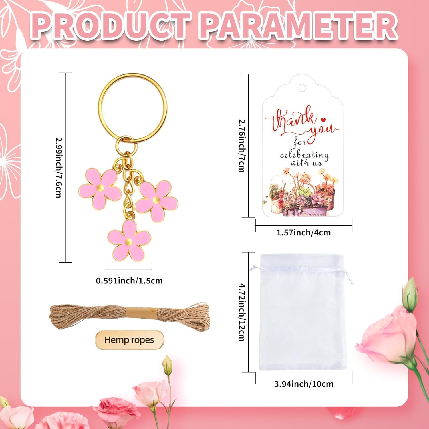 30 Piece Wedding Party Favors with Flowers Keychain and Organza Bag