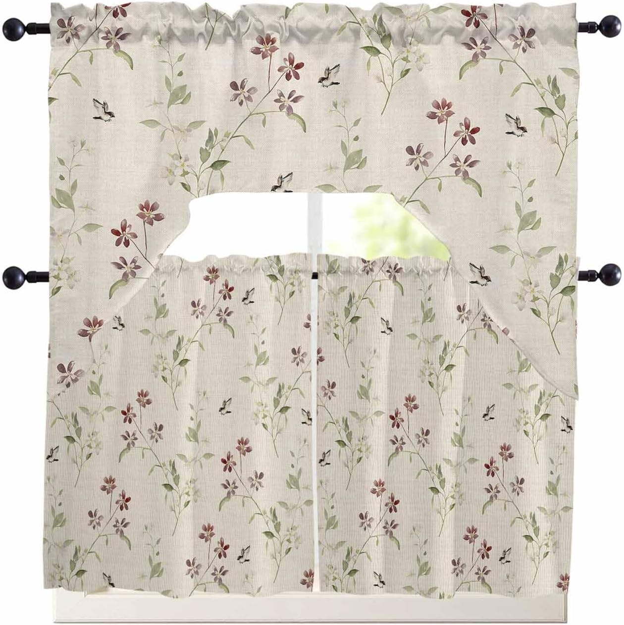 Flower Leaves Kitchen Curtain Set with Swag and Valance
