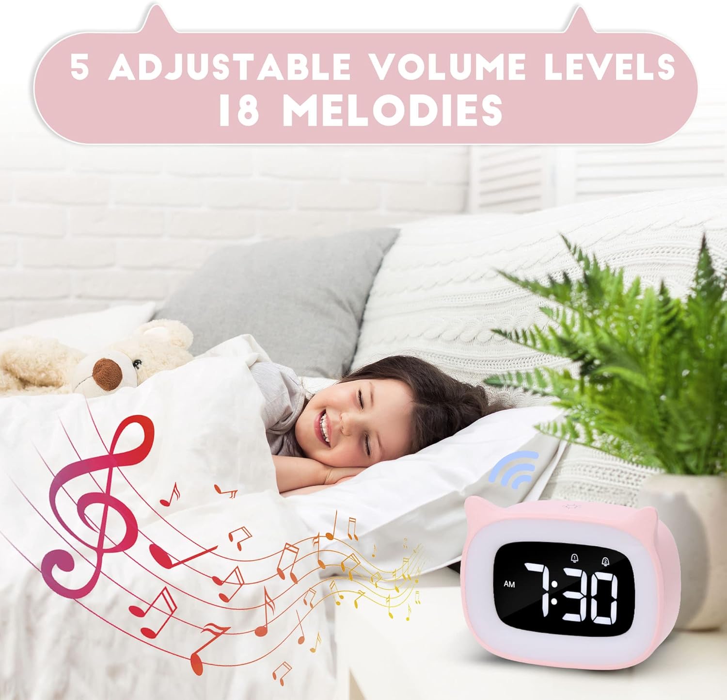 Pink Cat Alarm Clock with Night Light for Kids