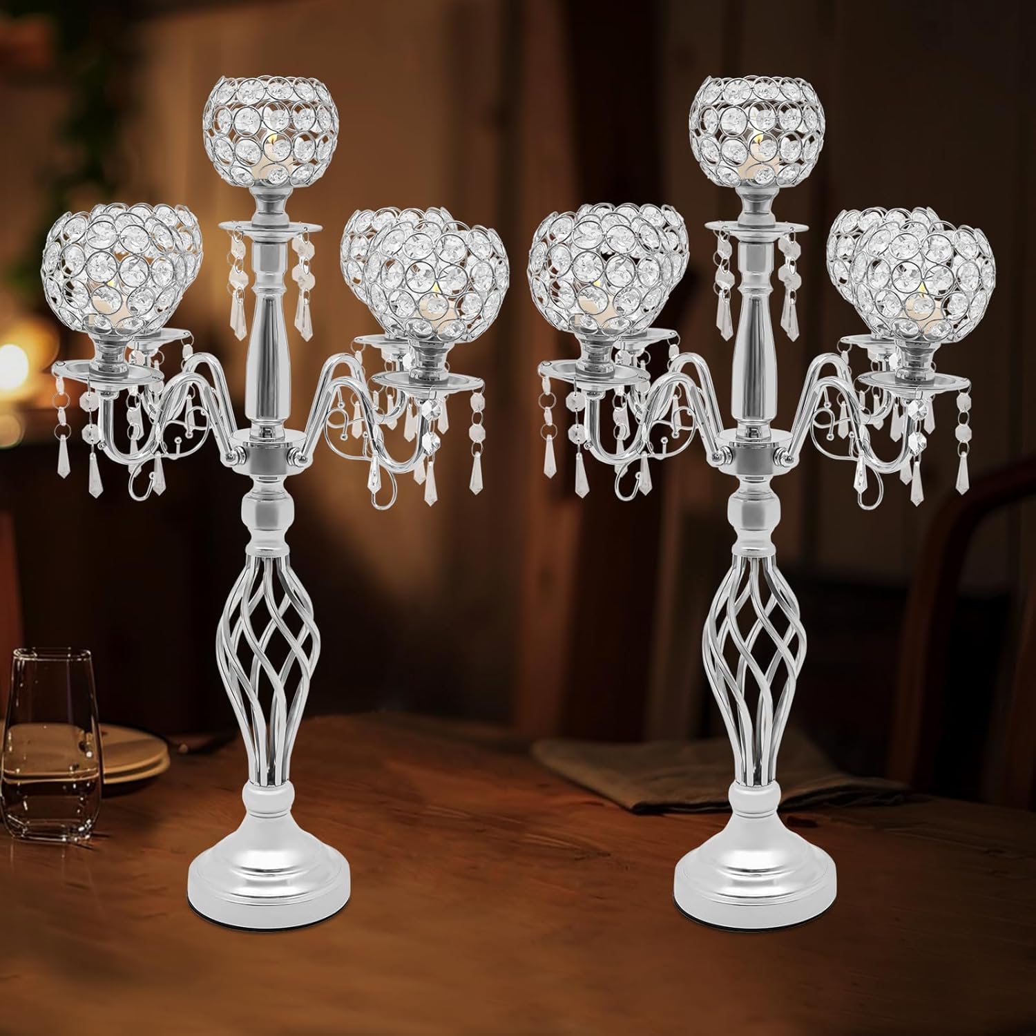 DYNAMI 2Pcs Crystal Candelabra Centerpieces Silver