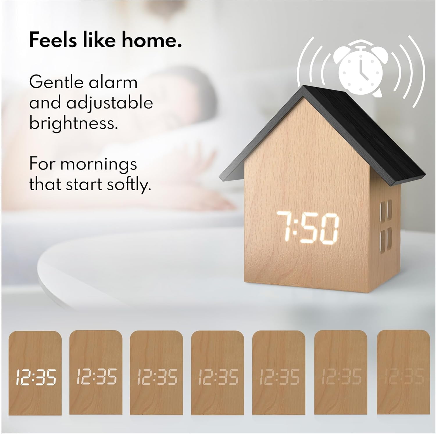Driini Digital House Alarm Clock with Temperature Display - Light Wood Finish