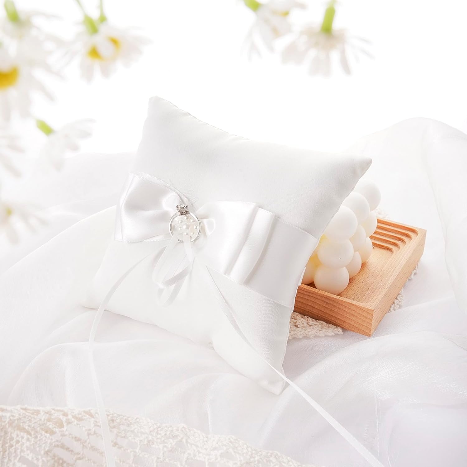 QIRMIZI Wedding Ring Pillow and Flower Girl Basket Set - Butterfly Knot White Satin
