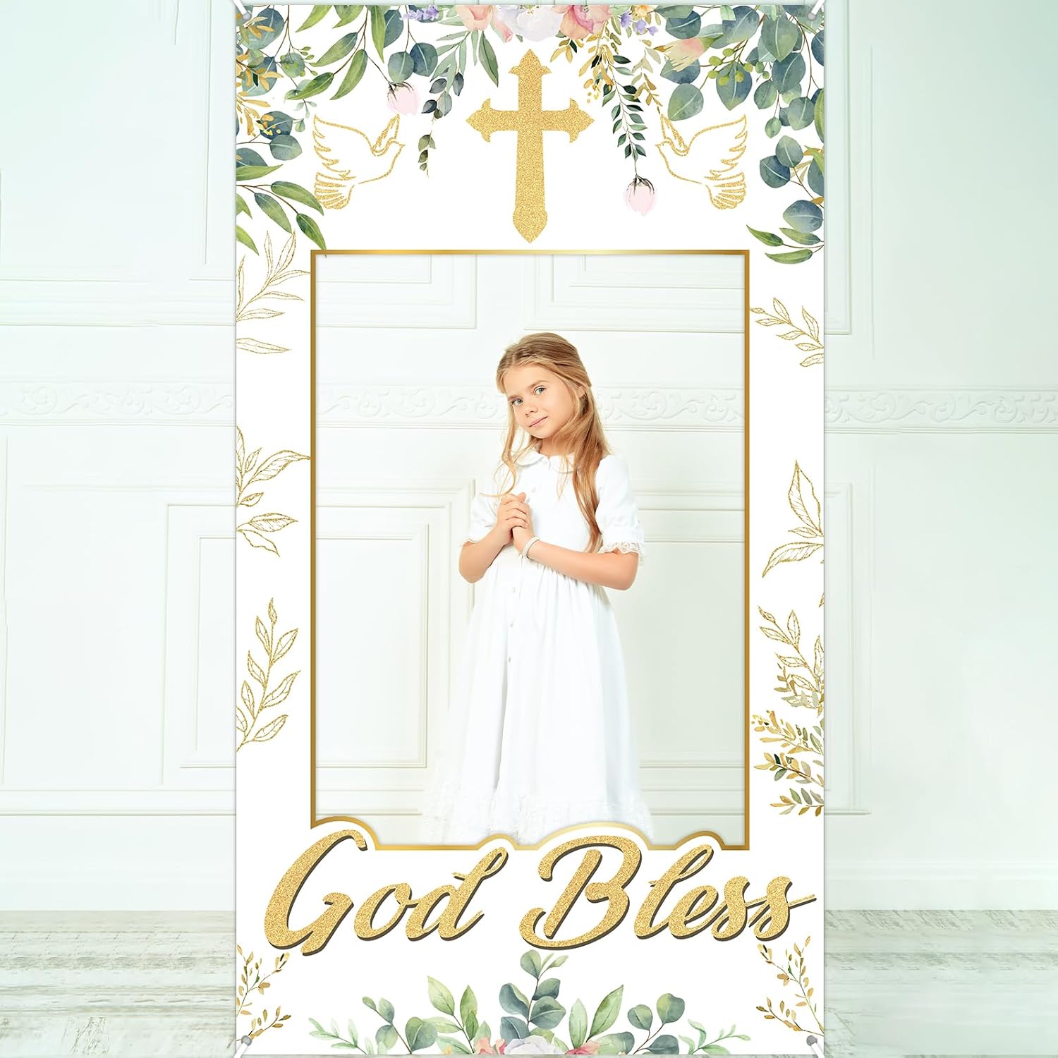 God Bless Baptism Photo Booth Backdrop Greenery Eucalyptus 3x6ft