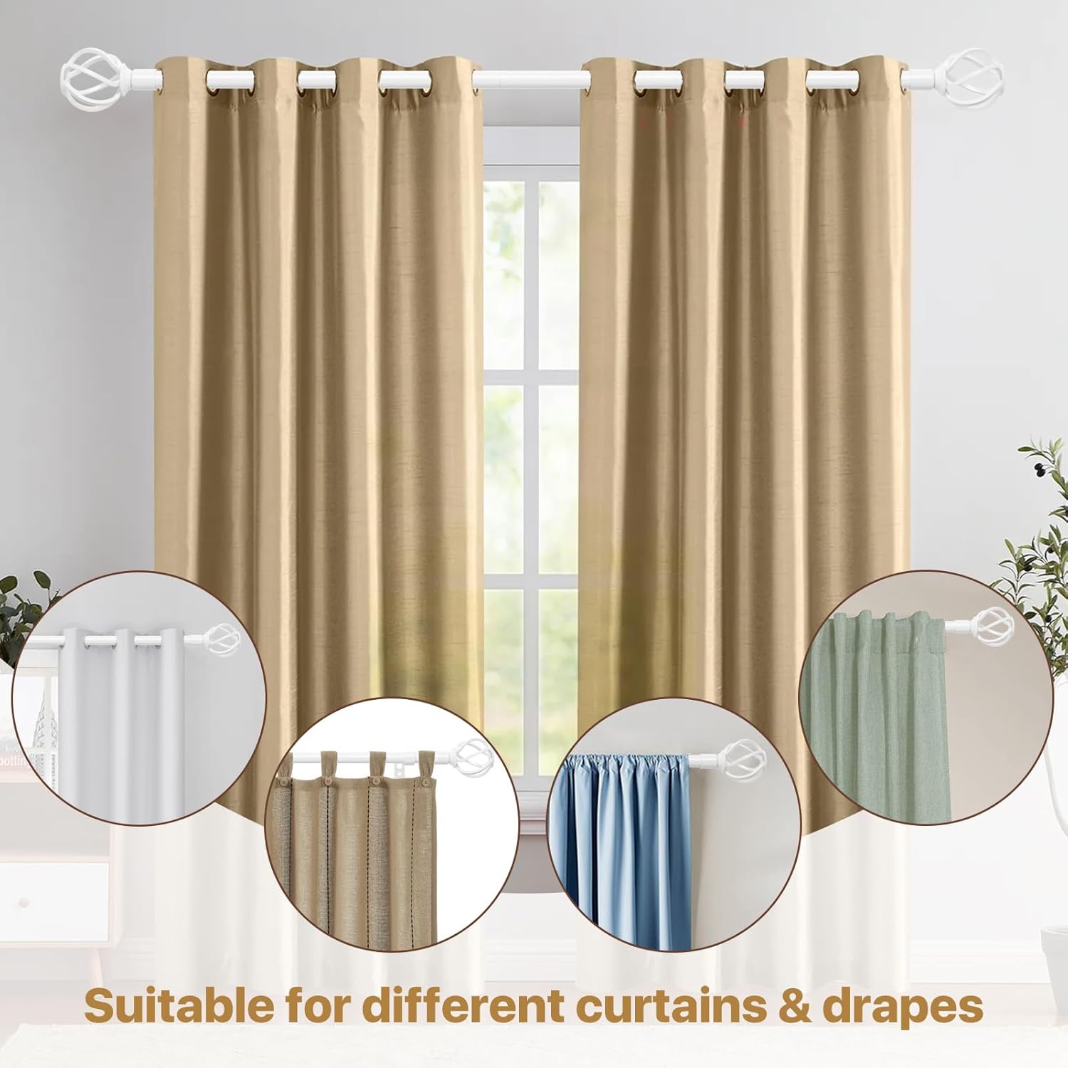 White Curtain Rods 32-50 Inch with Twisted Cage Finials