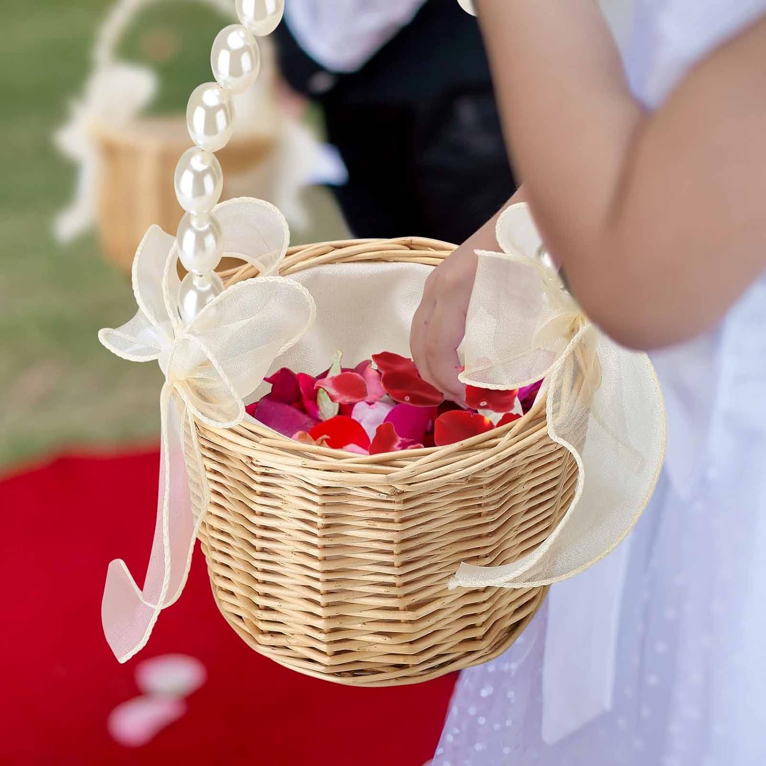 2PCS Wicker Rattan Flower Girl Basket with Pearl Handle