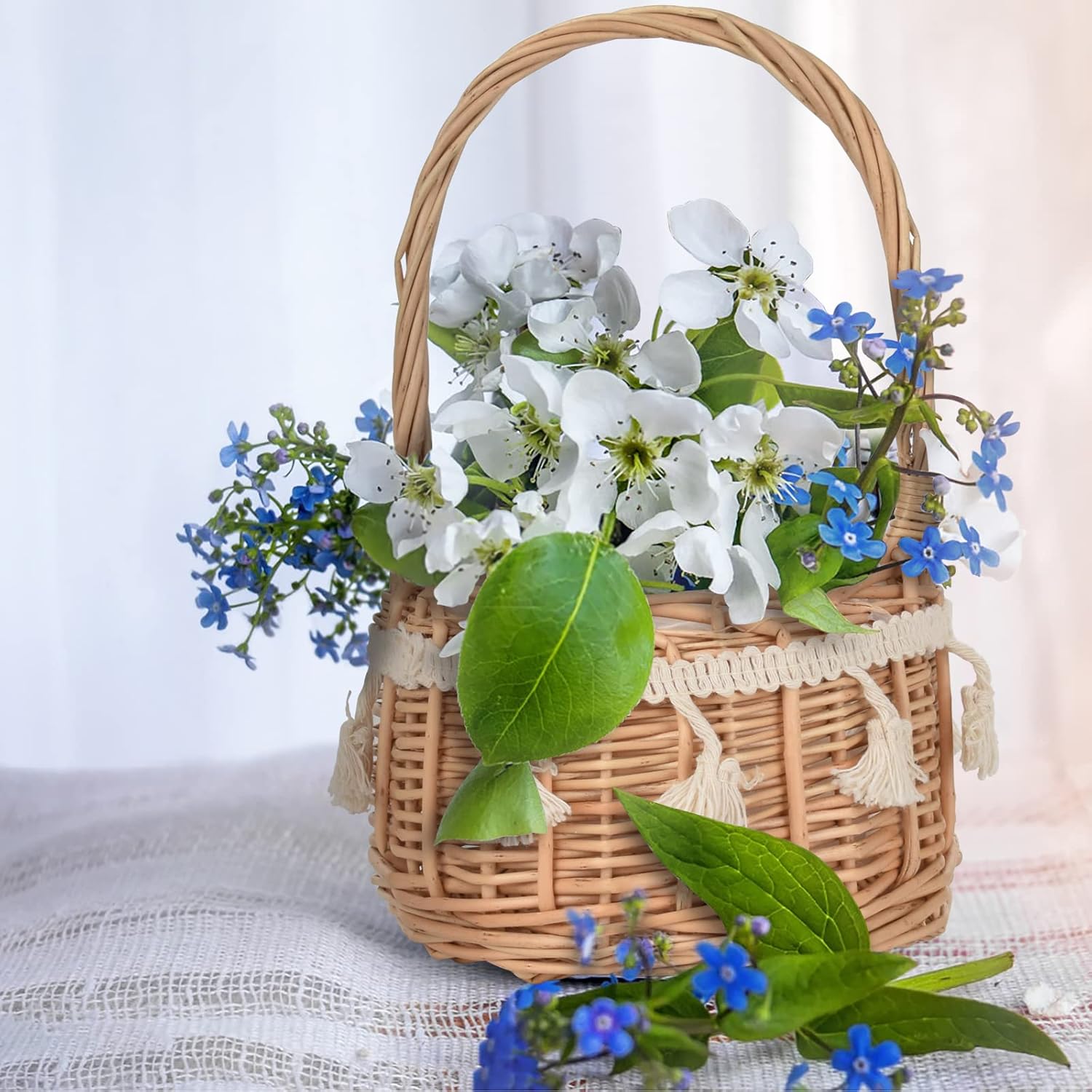 2 Pack Rattan Woven Floral Baskets with Handle and Lace