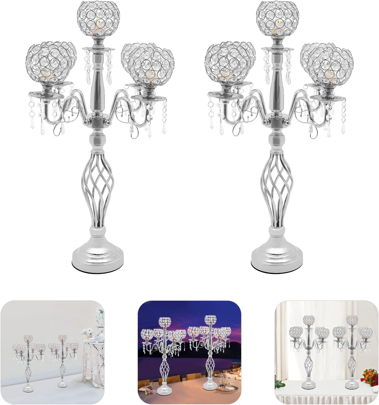 DYNAMI 2Pcs Crystal Candelabra Centerpieces Silver