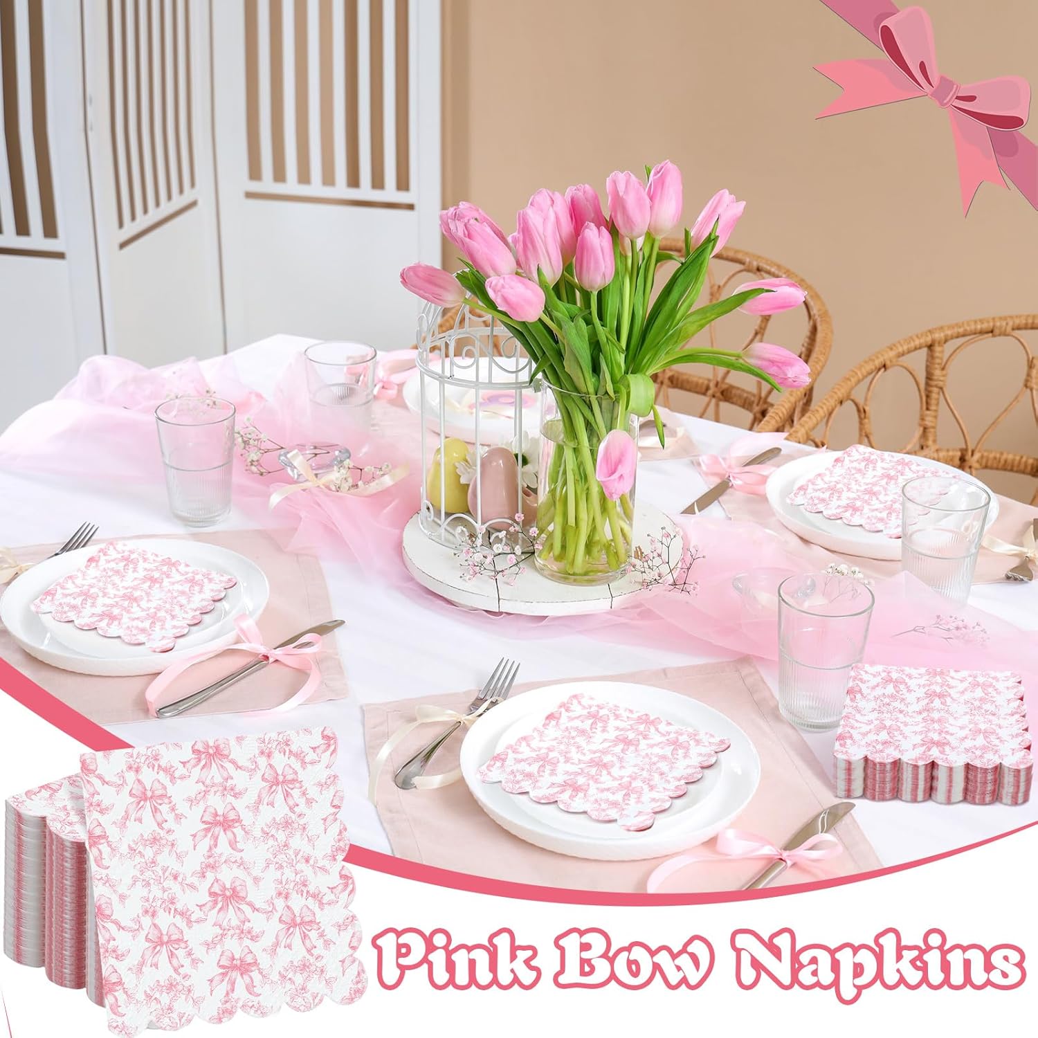 150 Pcs Pink Bow Napkins Coquette Party Supplies