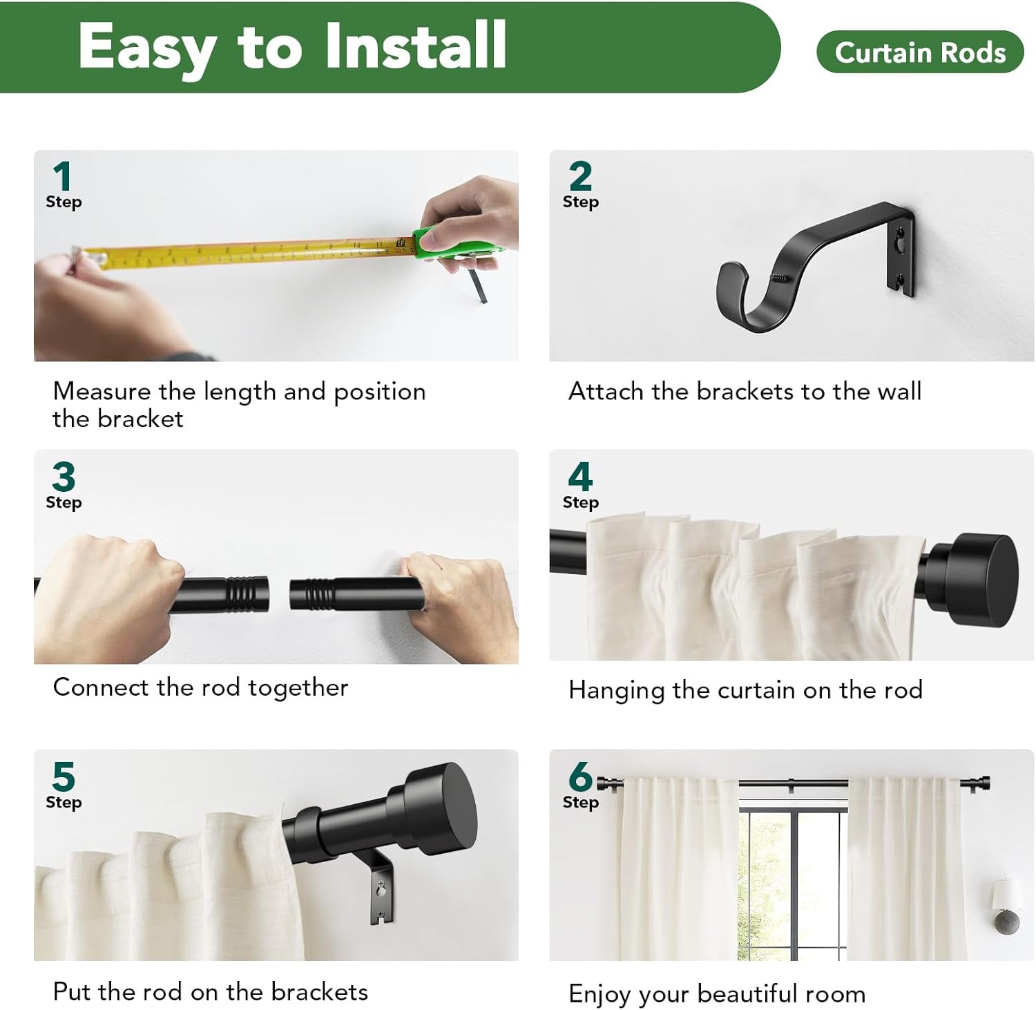 Adjustable Black Curtain Rod for 32-120 Windows