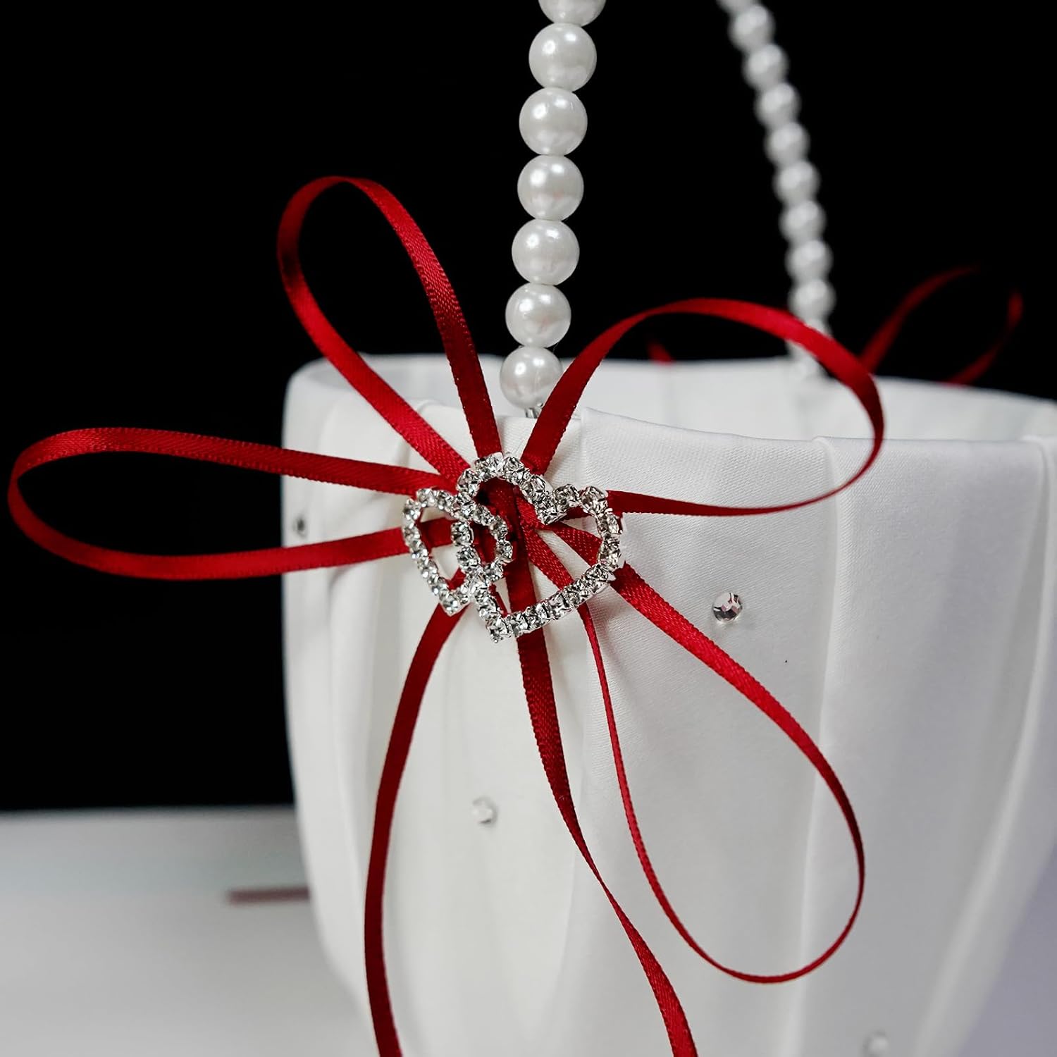 2 Pcs Wedding Flower Girl Baskets with Heart Design and Pearl Handle Bowknot