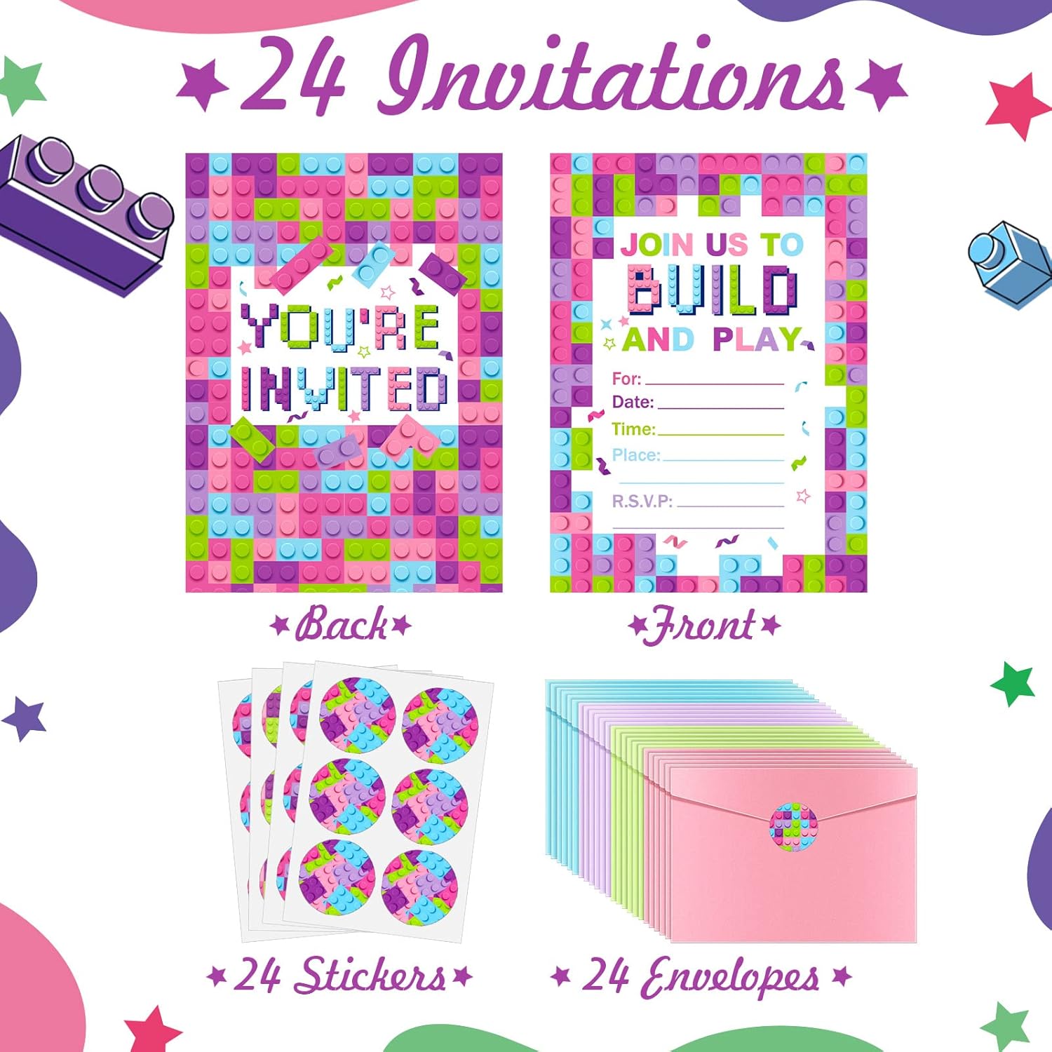 Colarr 24 Set Pink Birthday Party Invitations with Envelopes and Sticker Labels