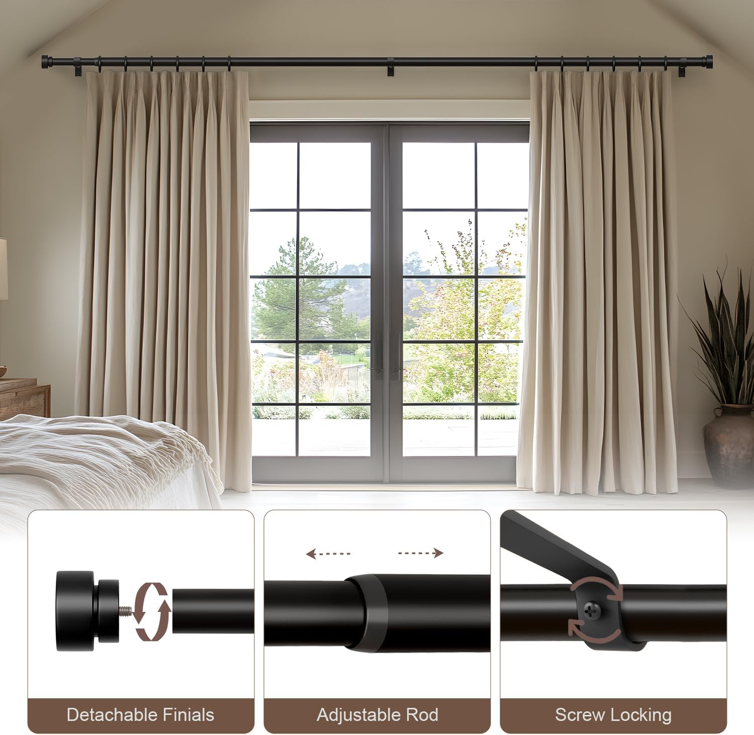 Modern Black Curtain Rods 48-84 Inch Adjustable Length