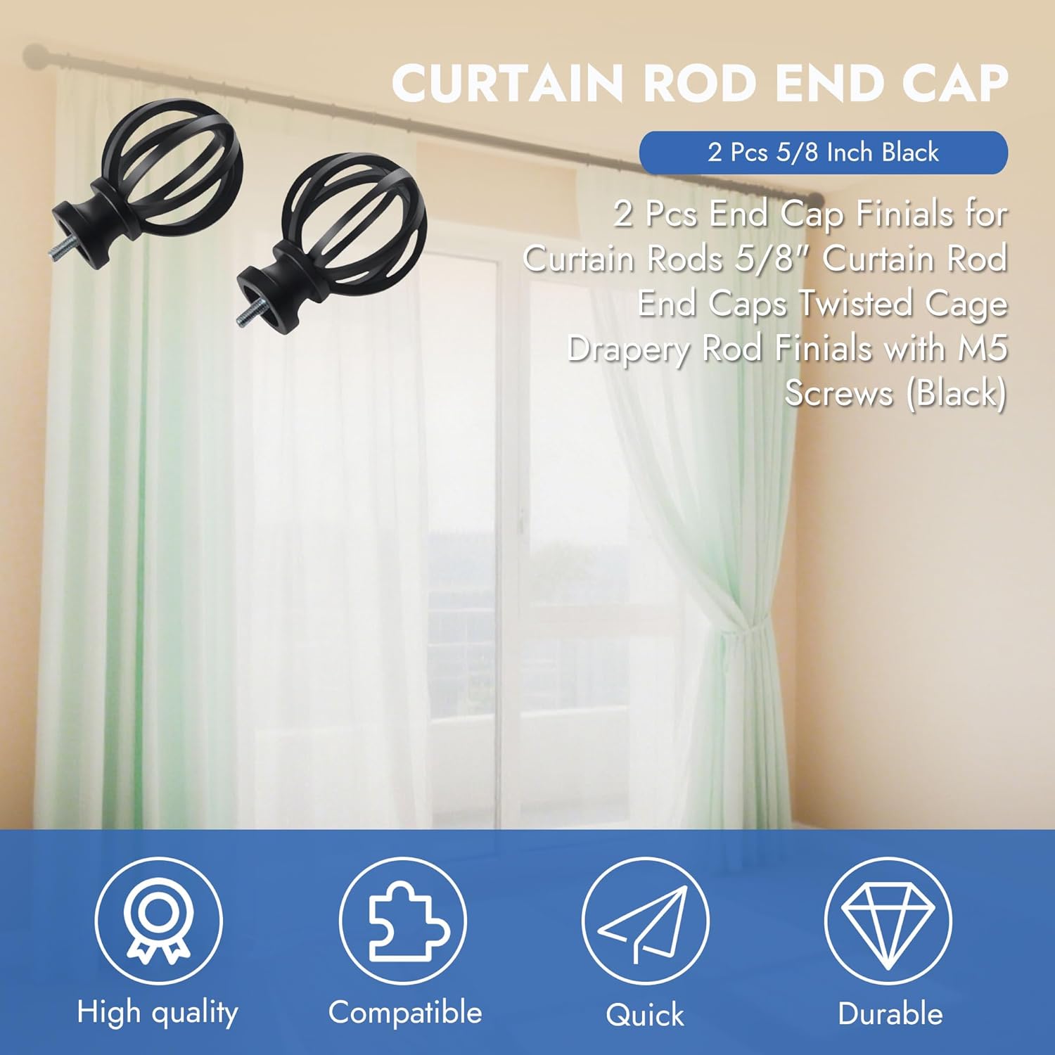 Matte Black Curtain Rod End Caps Finials 2 Pcs