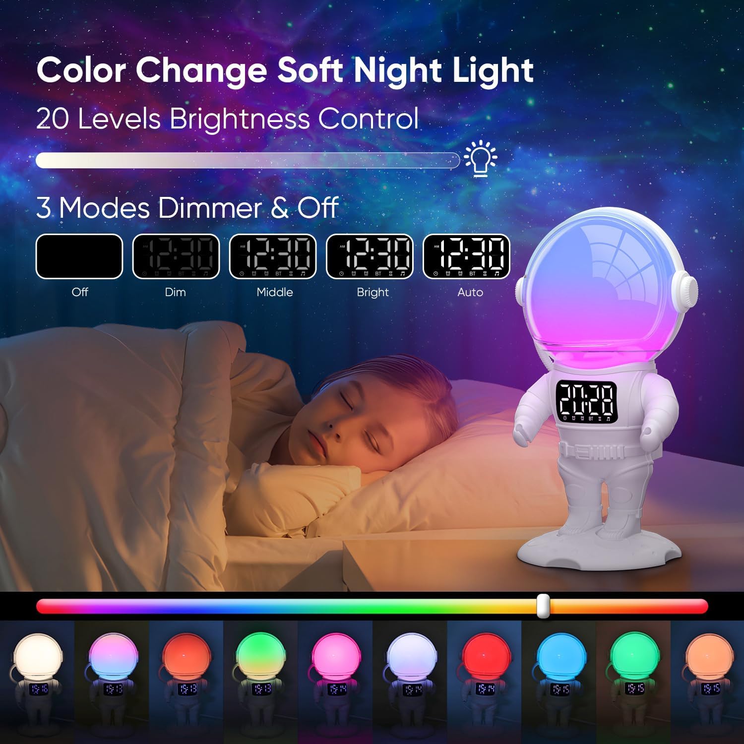 4-in-1 Astronaut Alarm Clock with White Noise and Nightlights
