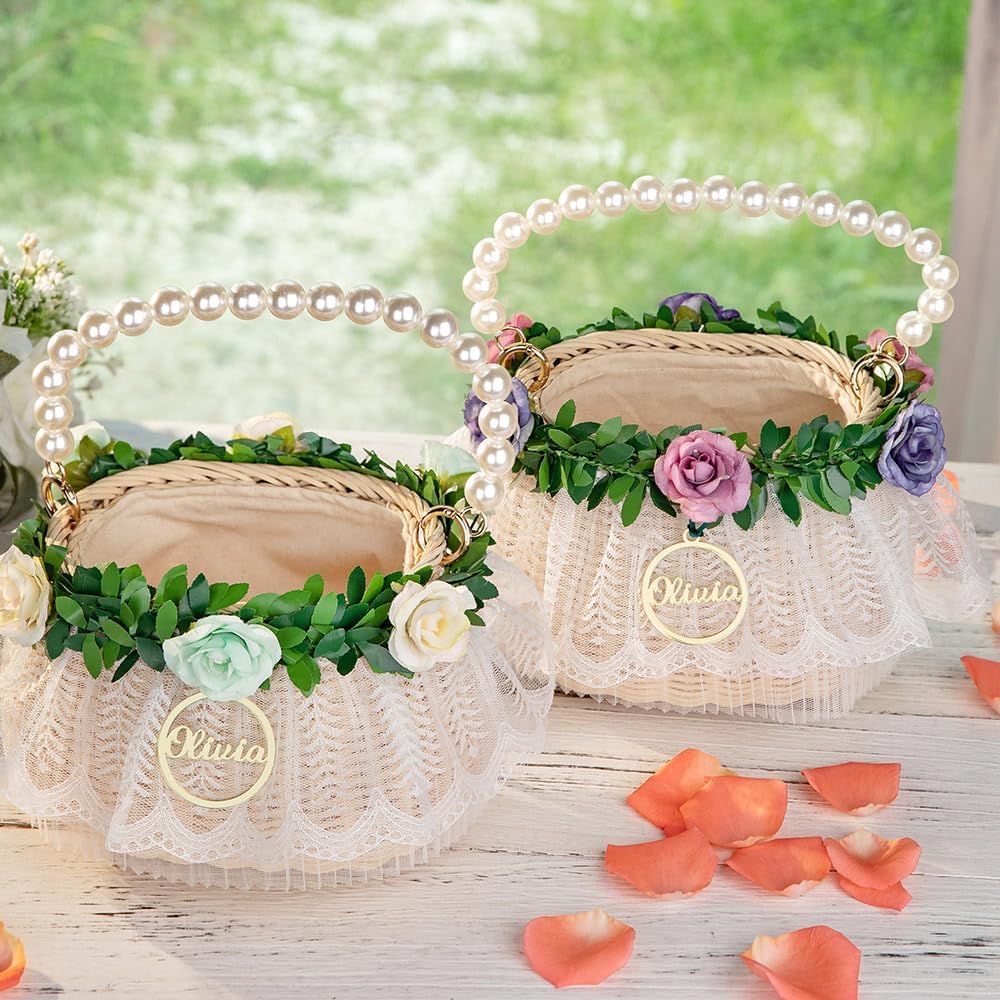 Personalized Wedding Flower Girl Basket with Pearl Handle
