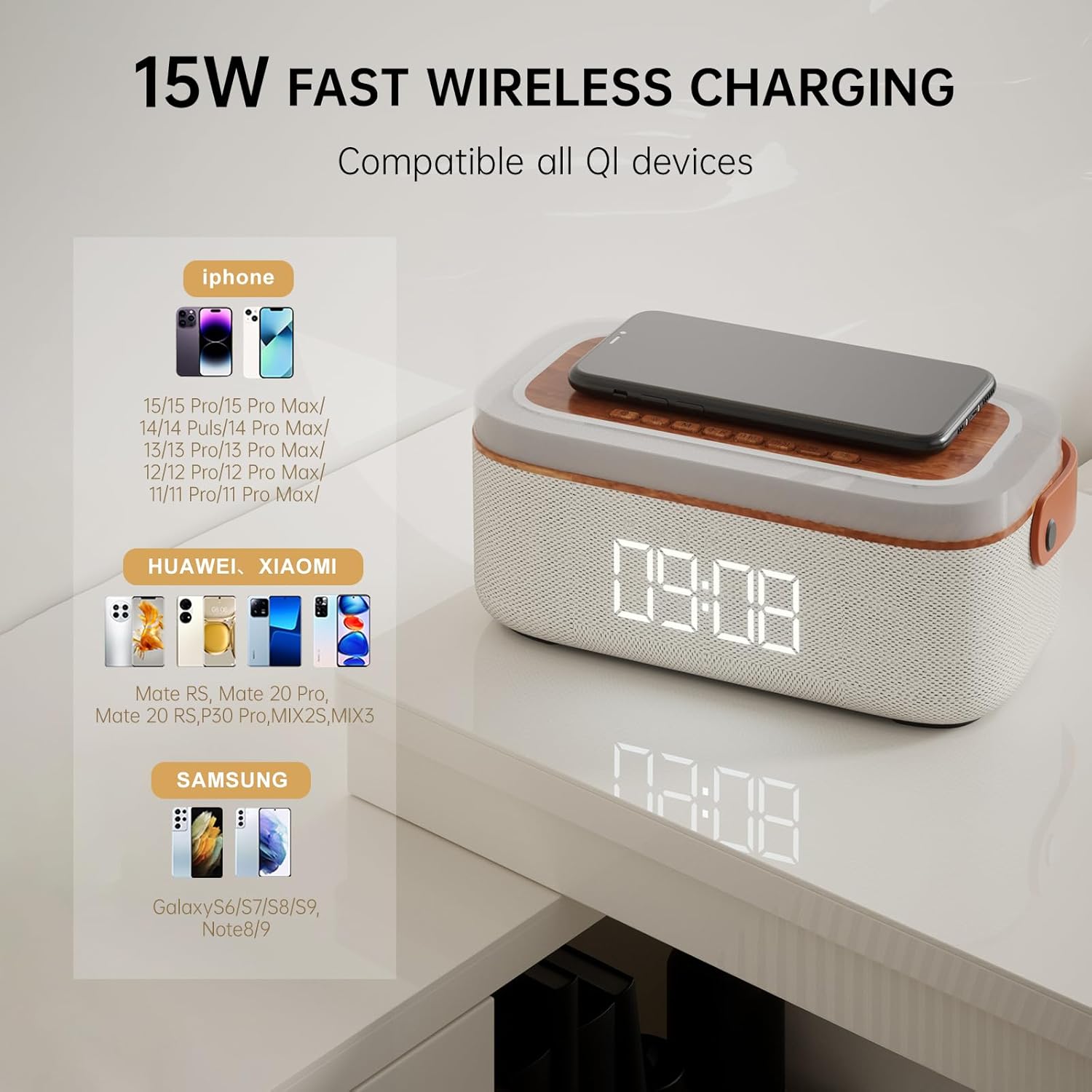 LOVME 5-in-1 Alarm Clock with Bluetooth Speaker and Wireless Charger