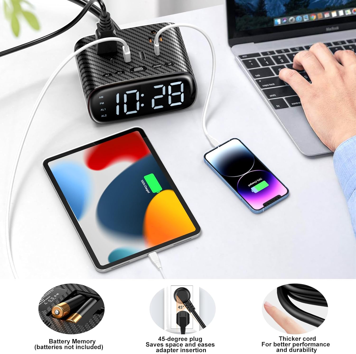 Sussex Dual Alarm Clock with 6 Charging Ports and 2 Outlets