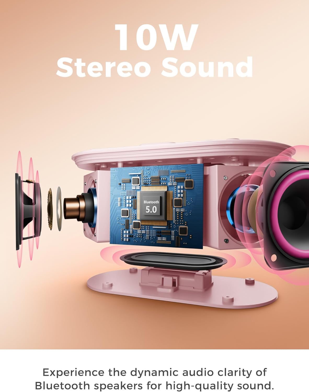 Wireless Charging Alarm Clock Radio with 10W Speaker and FM Radio - Pink