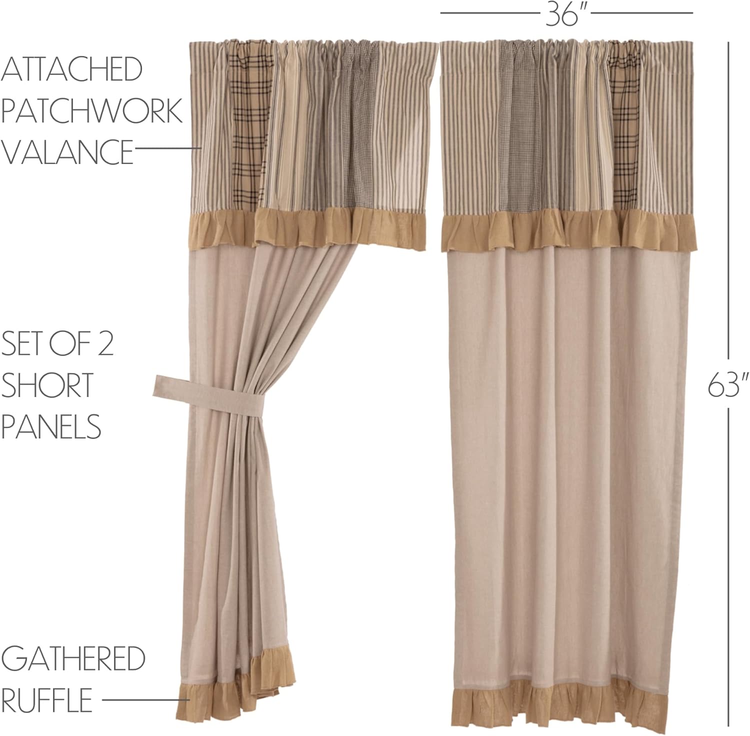 VHC Brands Sawyer Mill Curtain Panel 63x36 Charcoal Khaki Tan