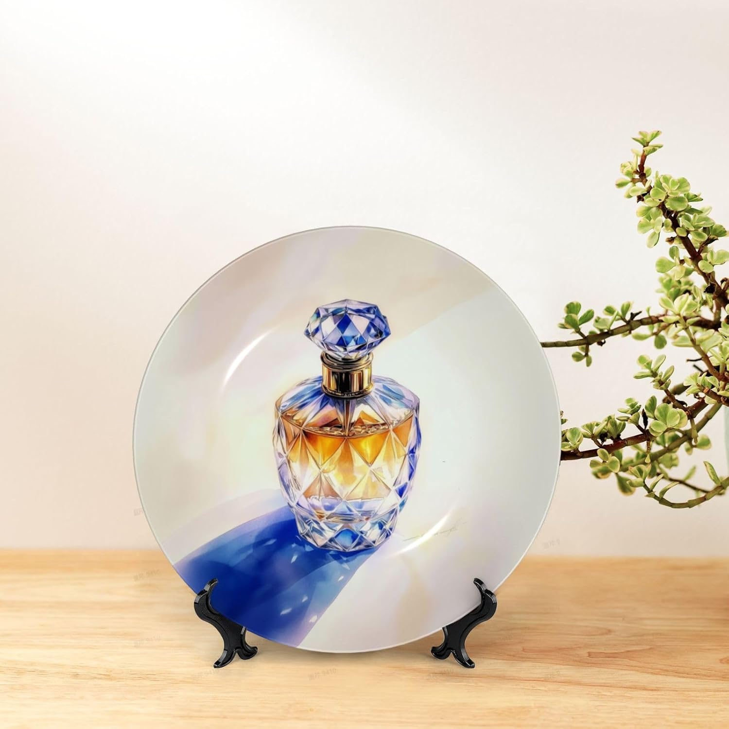 Crystal Bottle Perfume Print Bone China Plate with Stand 6in 1