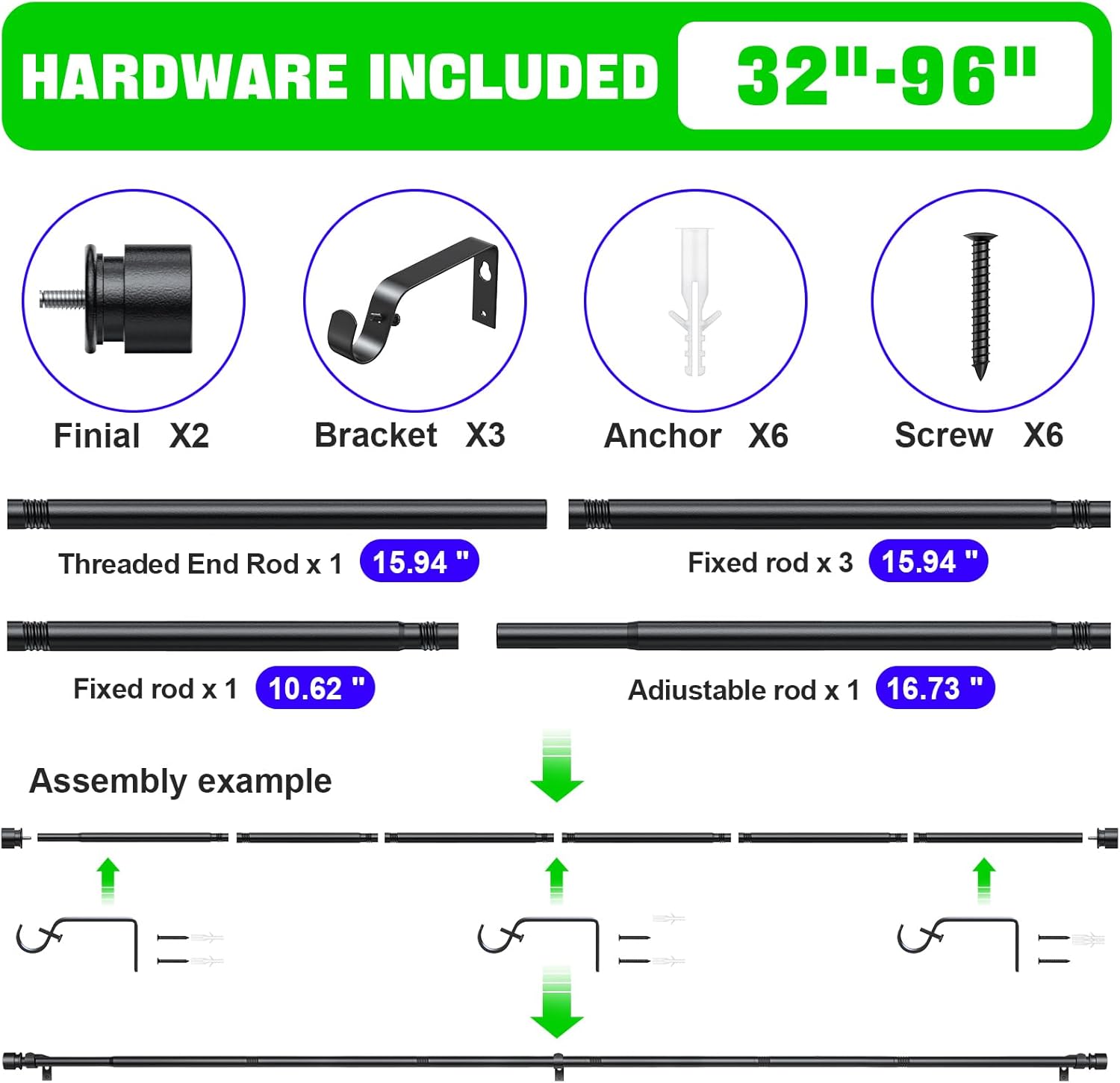 Adjustable Black Curtain Rods 32 to 96 Inches