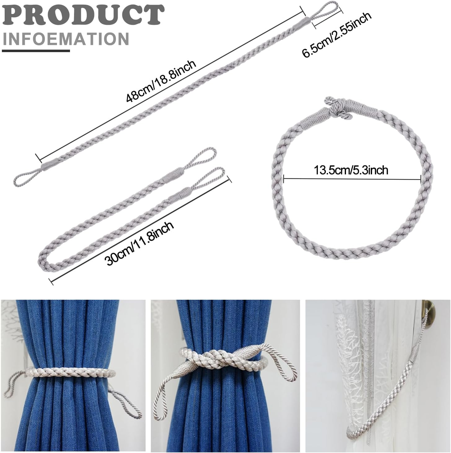 HIASTRA Curtain Tiebacks Ropes 2pcs Grey Handmade Holdbacks