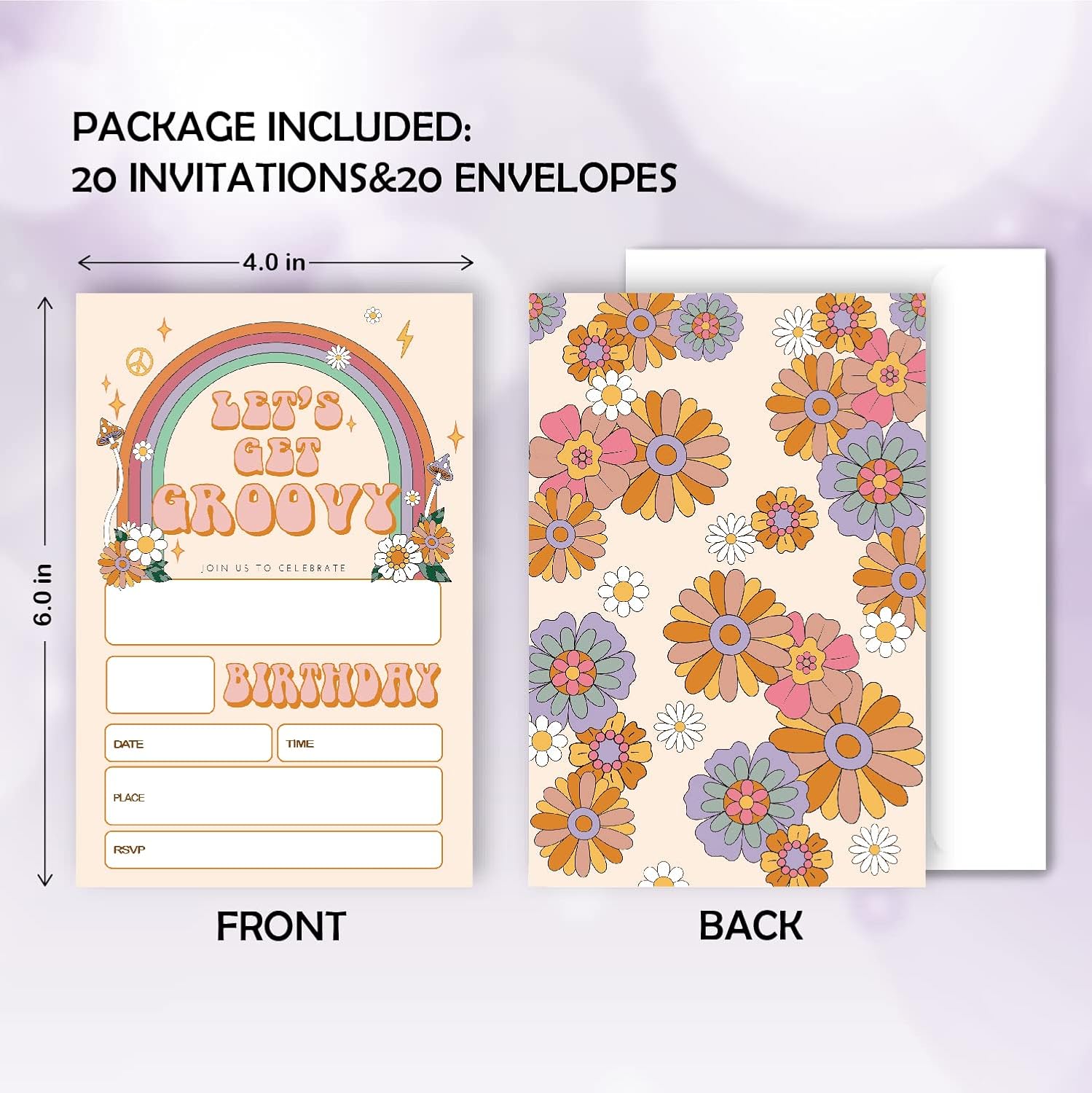 20 Sets Groovy Birthday Party Invitations with Envelopes