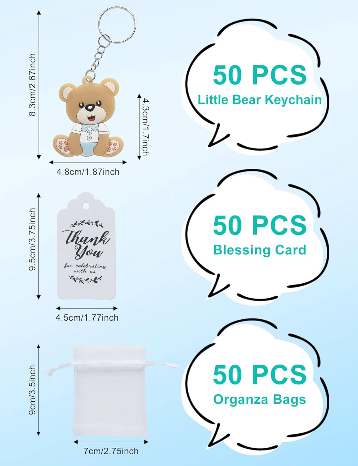 50 Set Animal Bear Keychain Favors for Baby Shower Christening Baptism