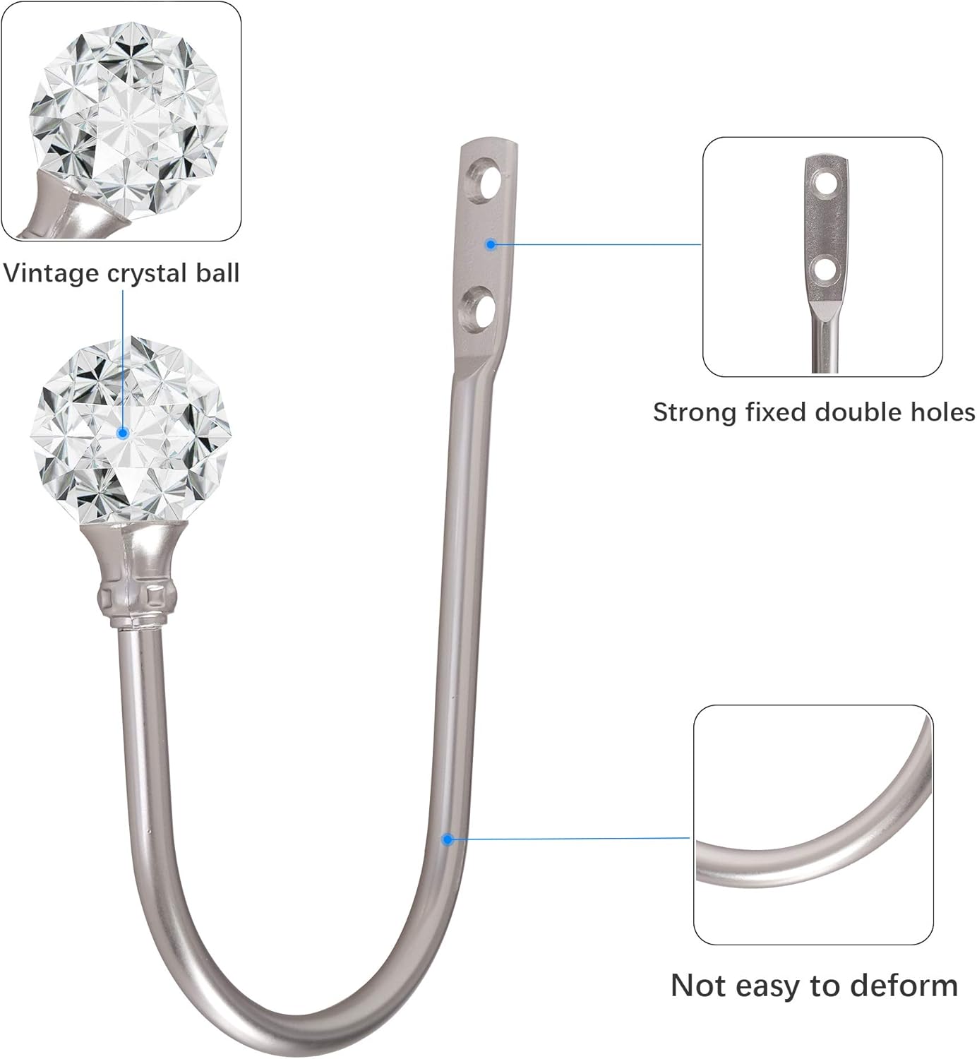2pcs Curtain Holdback with Clear Crystal Ball Heavy Duty Metal Drapery Holder Hooks