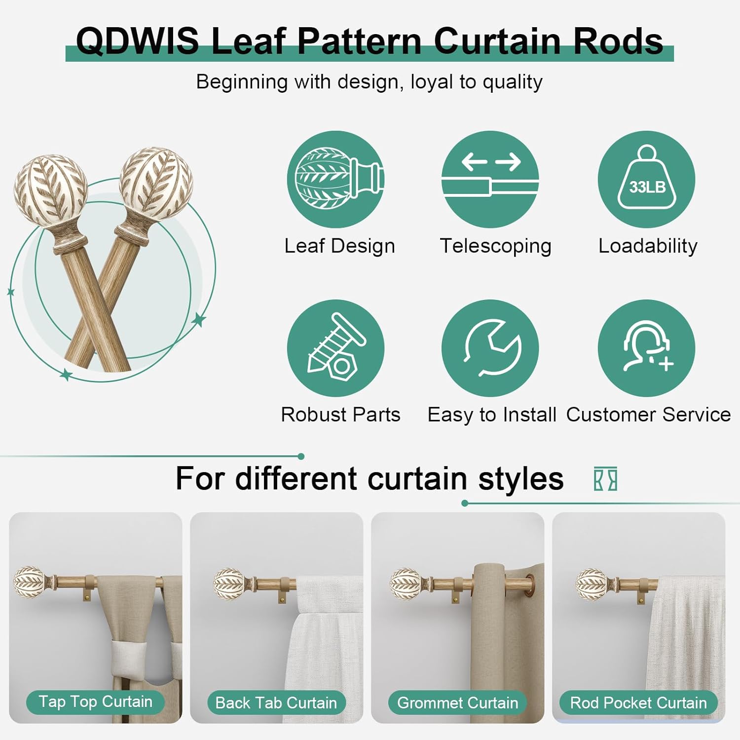 QDWIS Boho Wood Curtain Rods 36-88 Inches