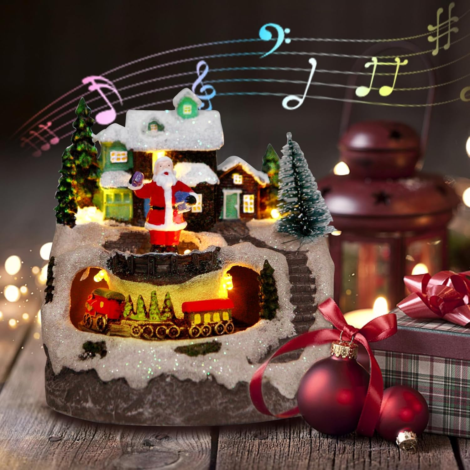 Christmas Village Musical Snow Globe Figurines with 8 Music Snowman and Train