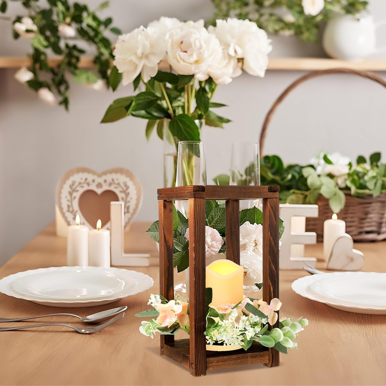 Hushee 30 Pcs Wooden Wedding Lantern Centerpiece with Candles and Wreaths Brown